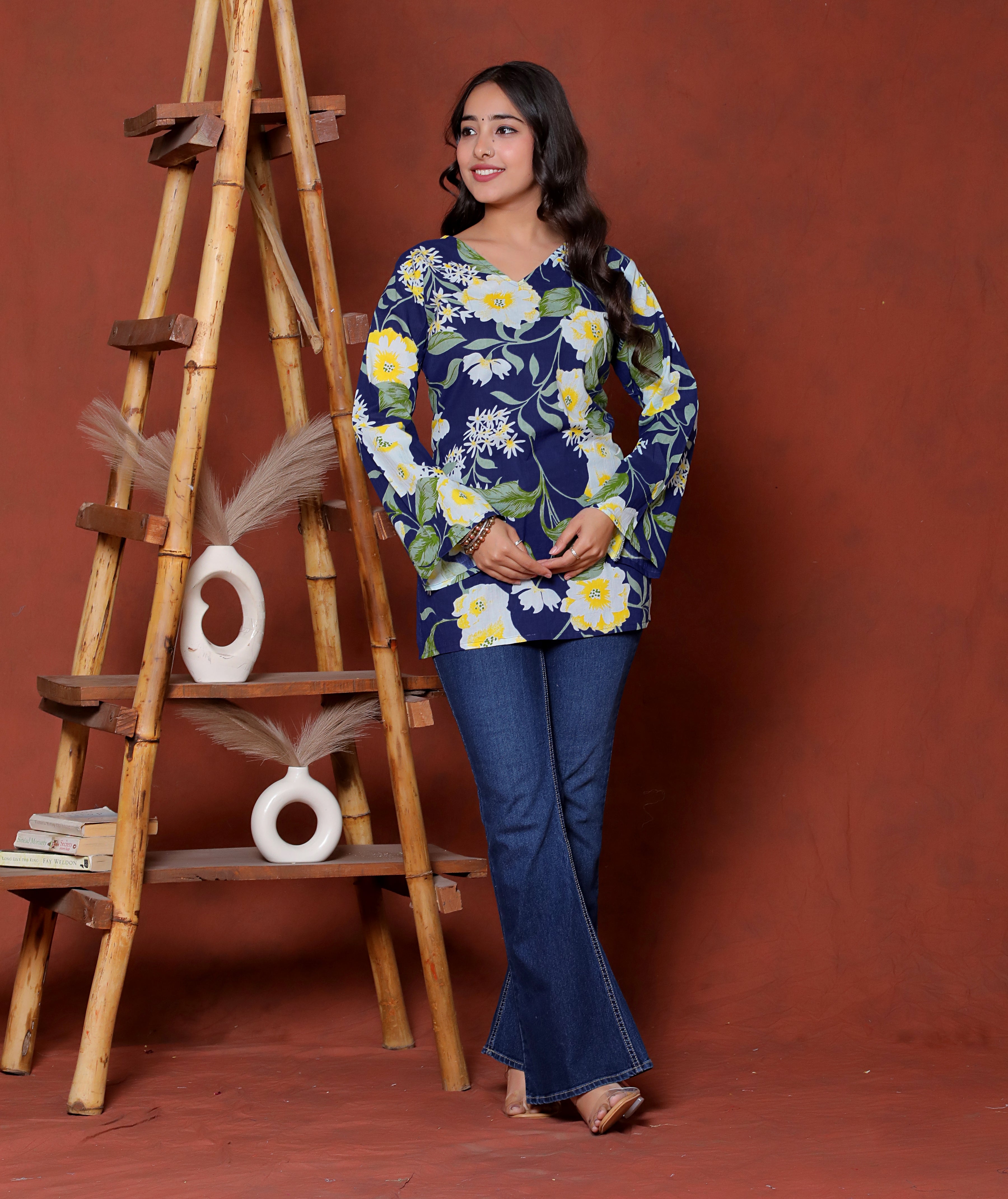 Navy Blue Floral Printed Straight Kurti