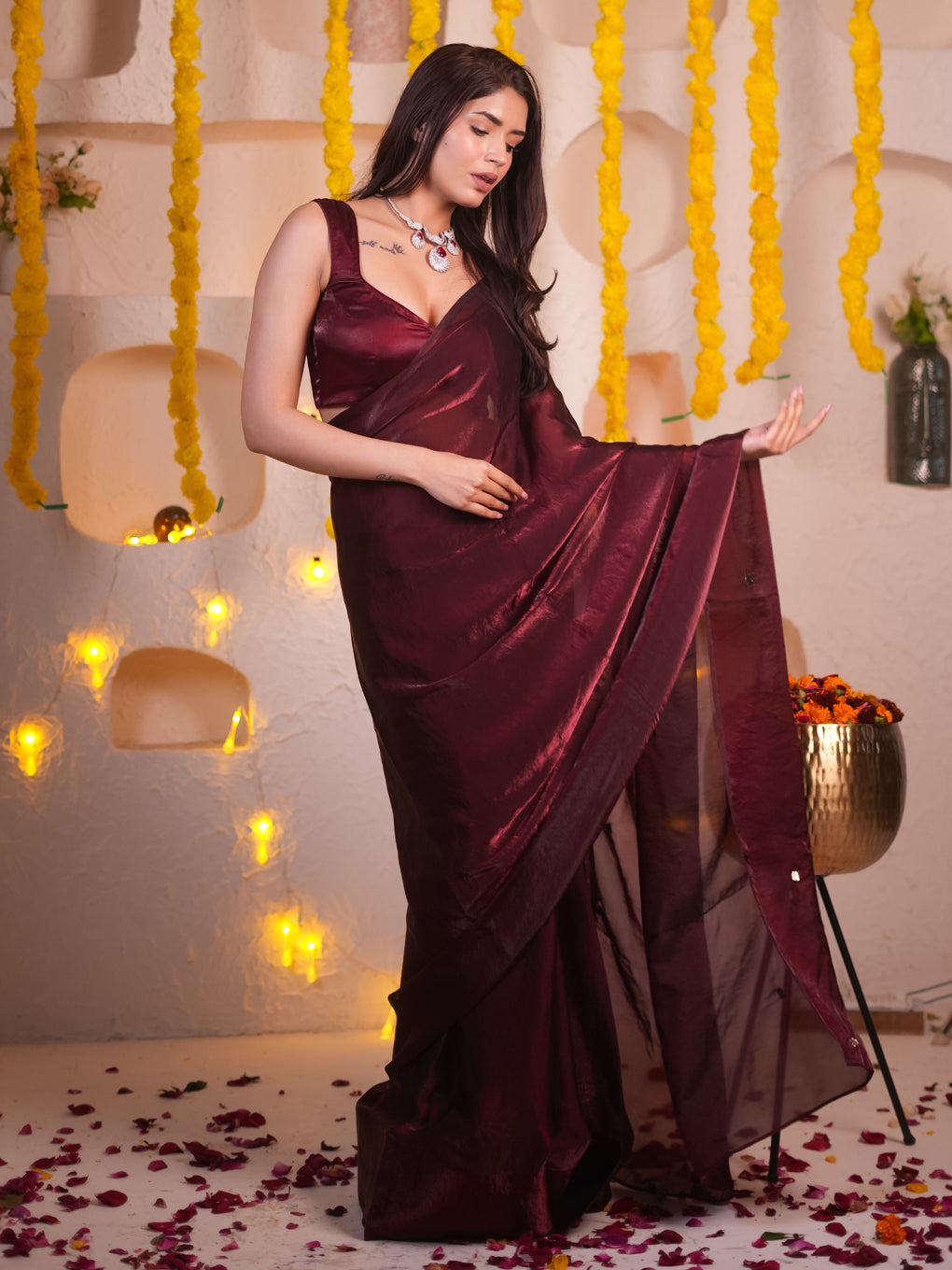 Wine Maroon, Blue, Green, Silver Grey Party Wear Saree With Elegant Shimmer Finish