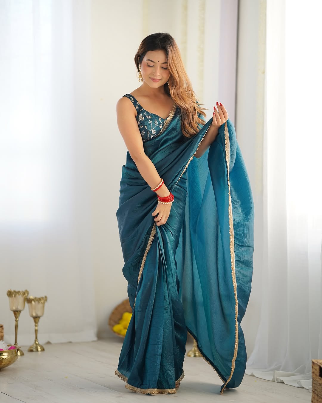 Teal Blue Designer Saree With Elegant Silver Border Work