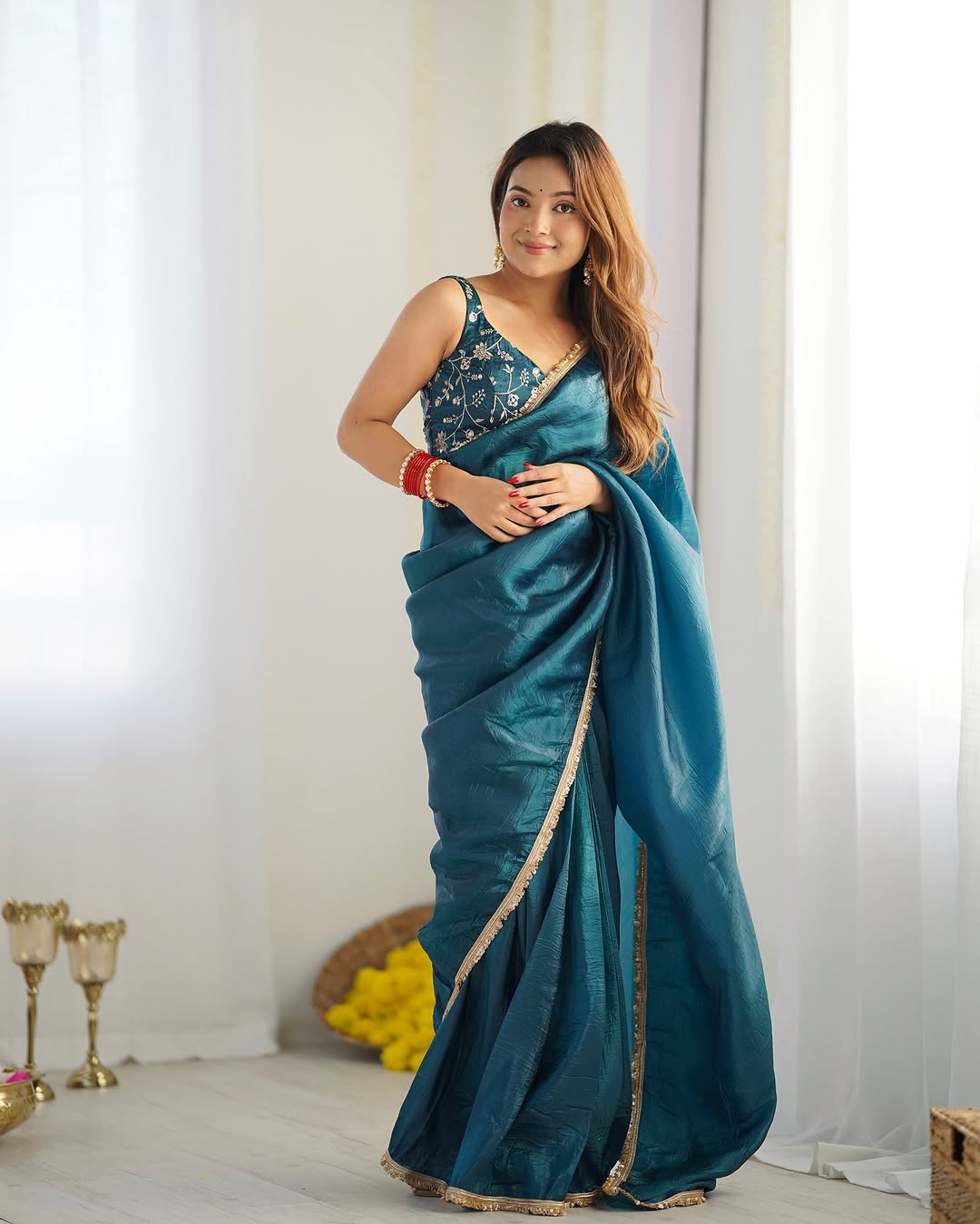 Teal Blue Designer Saree With Elegant Silver Border Work