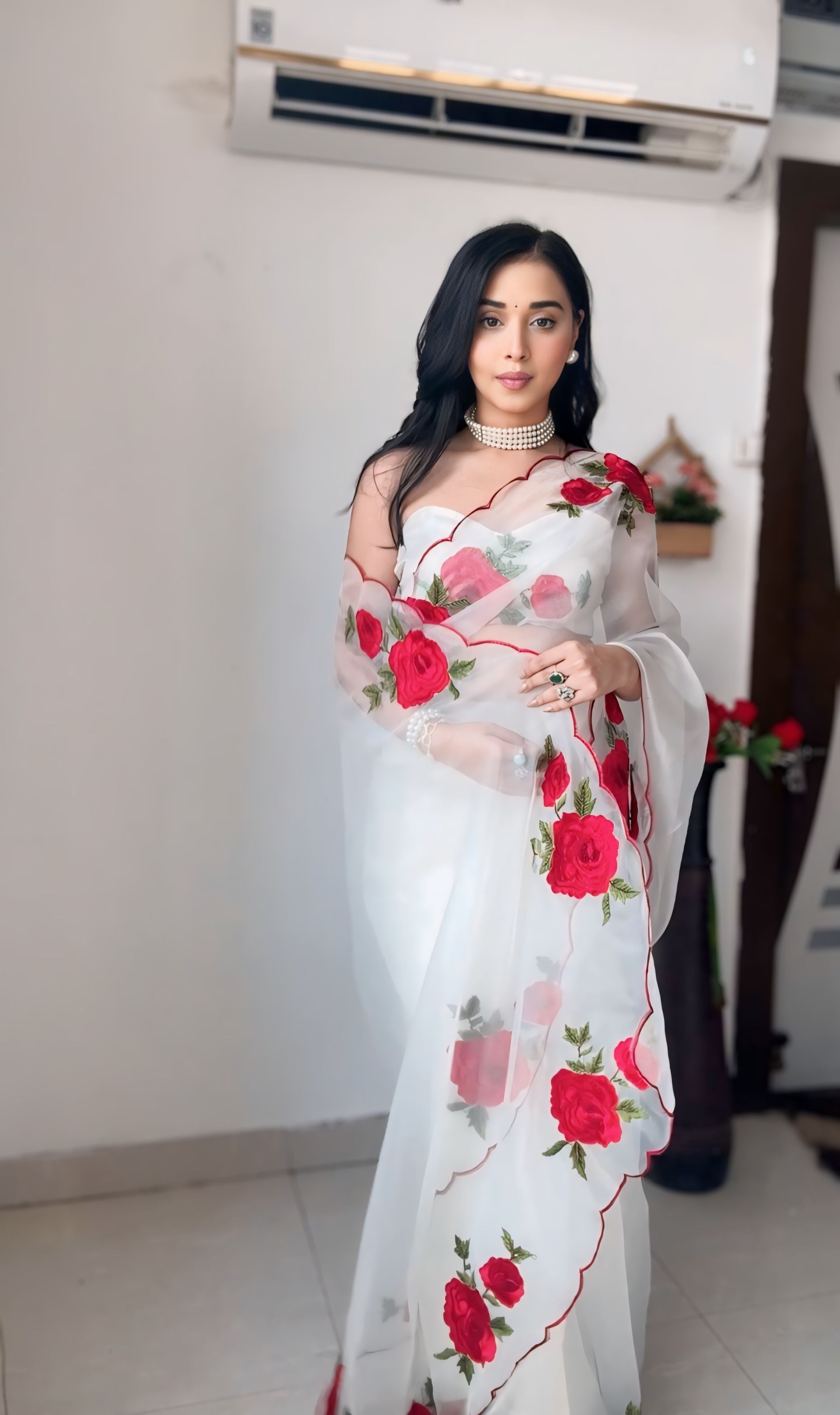 White Floral Designer Saree With Elegant Rose Print