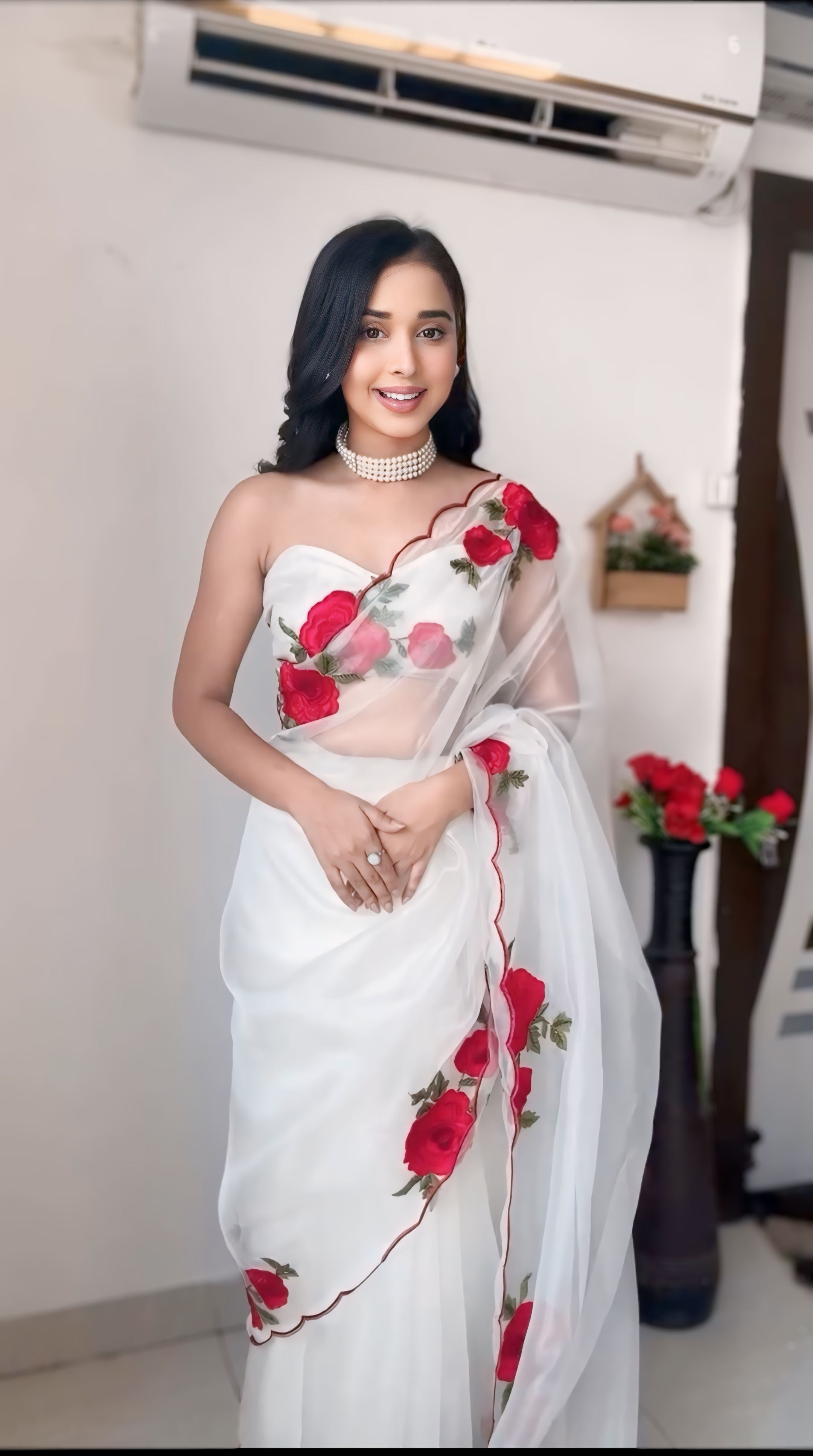 White Floral Designer Saree With Elegant Rose Print