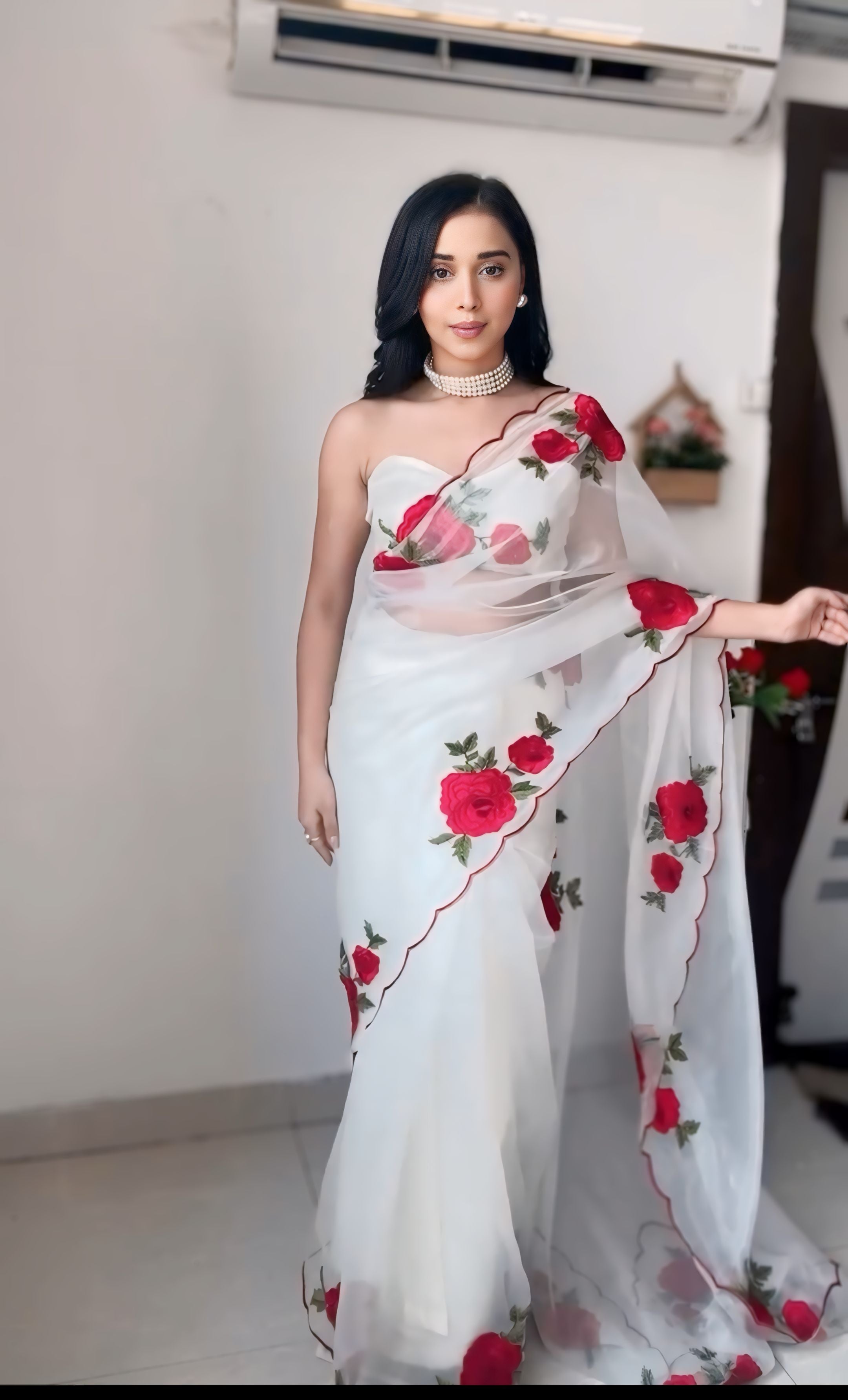 White Floral Designer Saree With Elegant Rose Print
