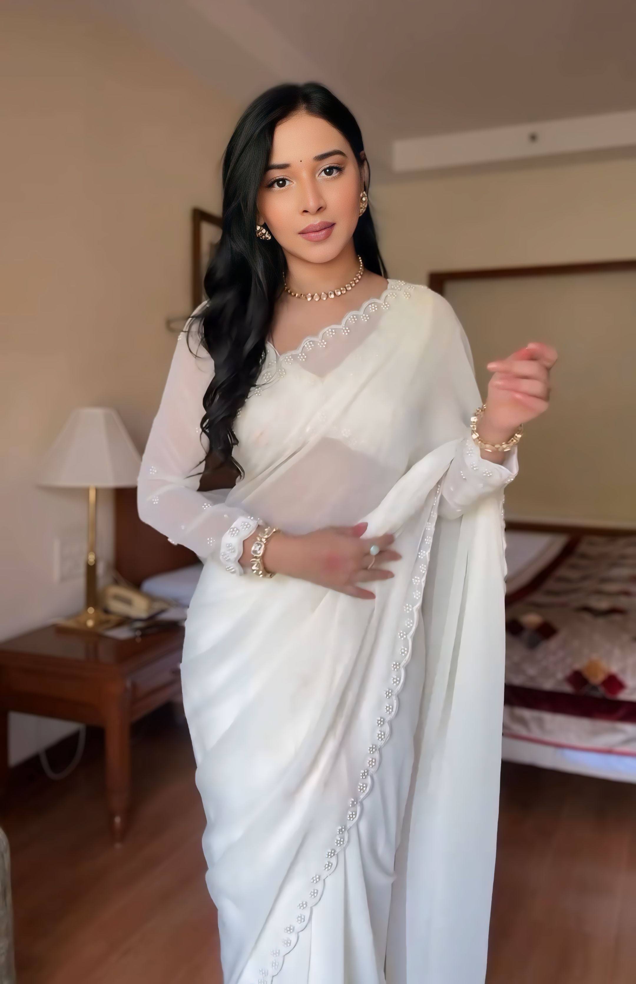 Deep Maroon, White, Pink, Blue Designer Saree With Elegant Pearl Border Work