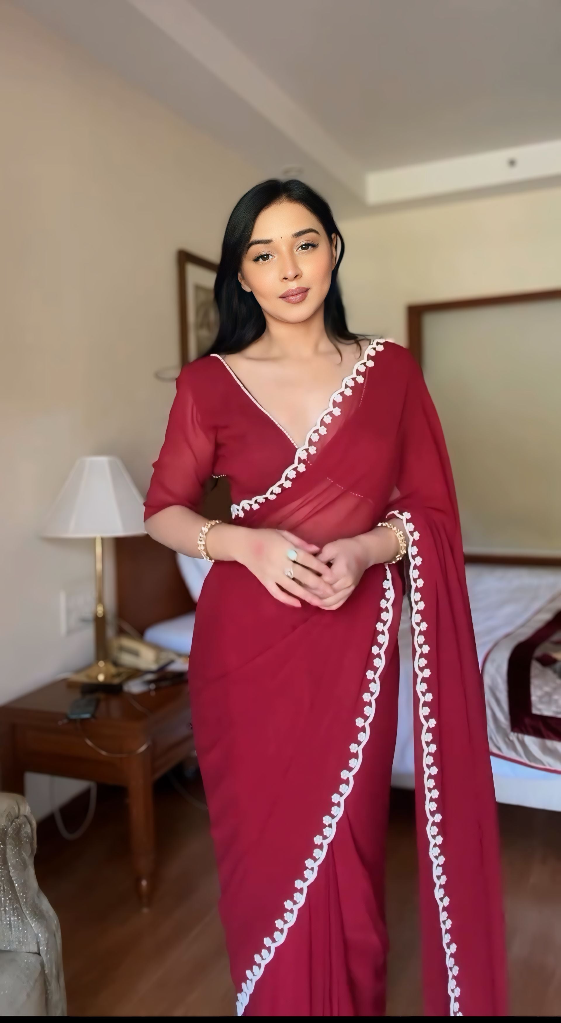 Deep Maroon, White, Pink, Blue Designer Saree With Elegant Pearl Border Work