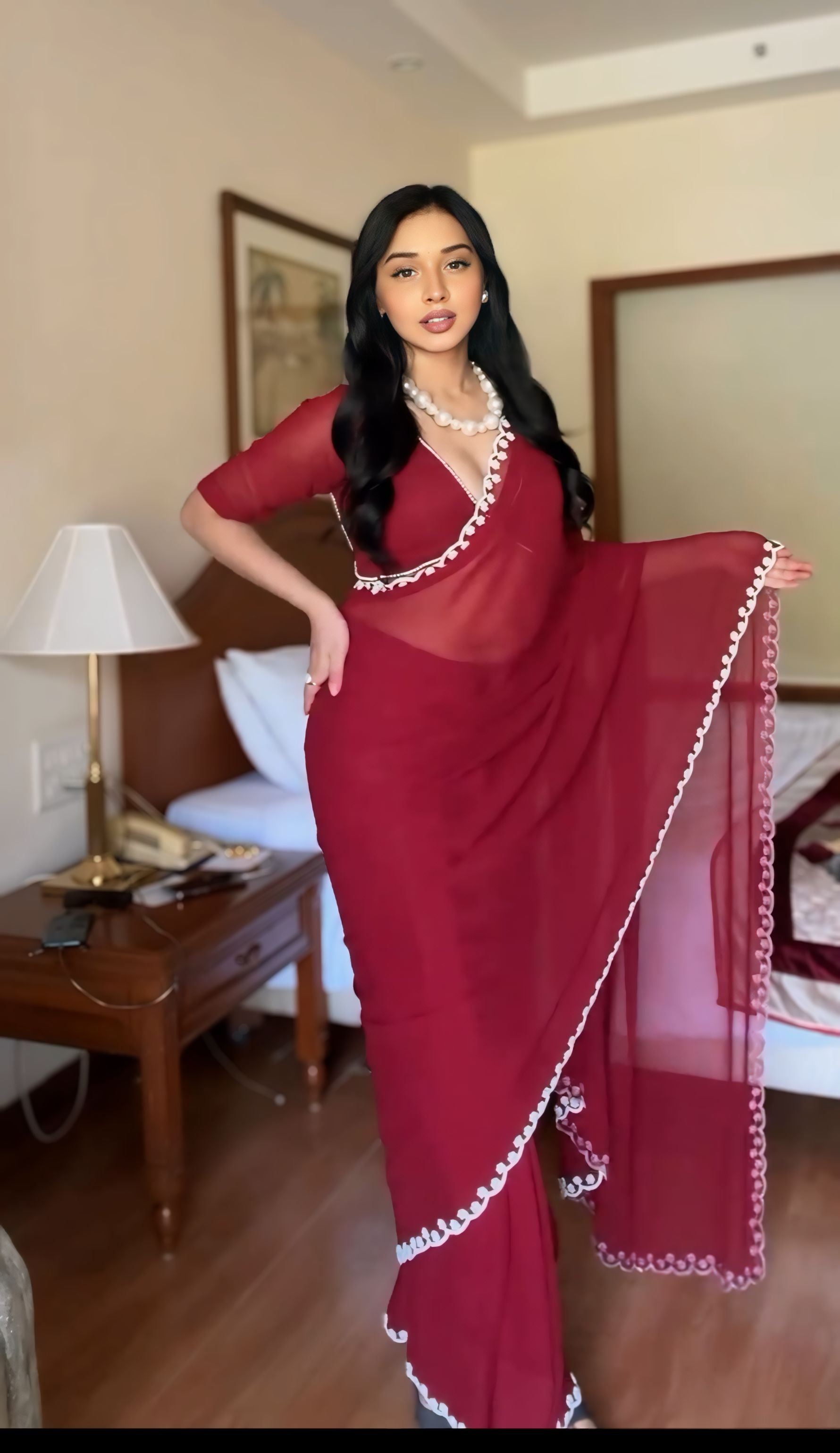 Deep Maroon, White, Pink, Blue Designer Saree With Elegant Pearl Border Work