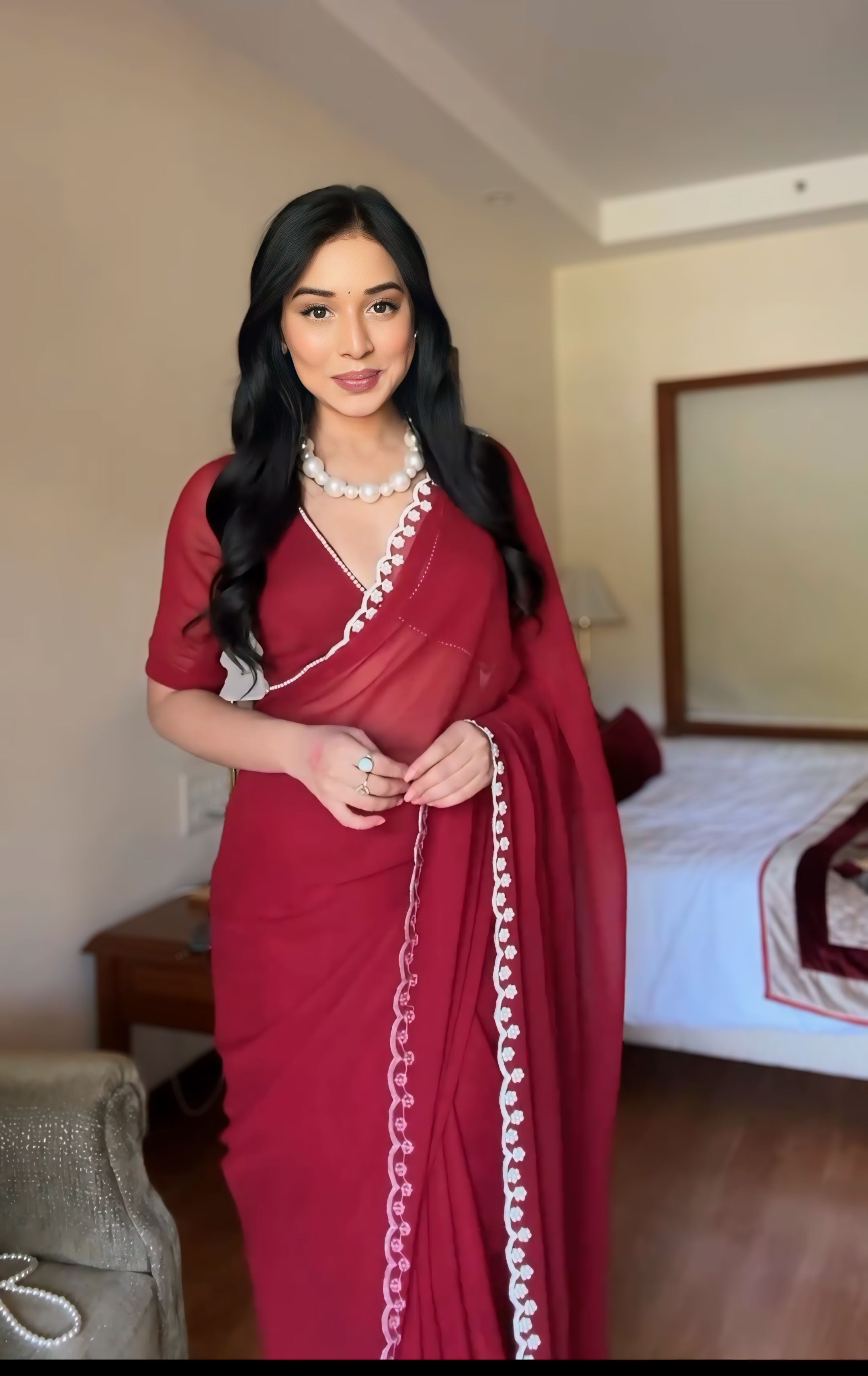 Deep Maroon, White, Pink, Blue Designer Saree With Elegant Pearl Border Work