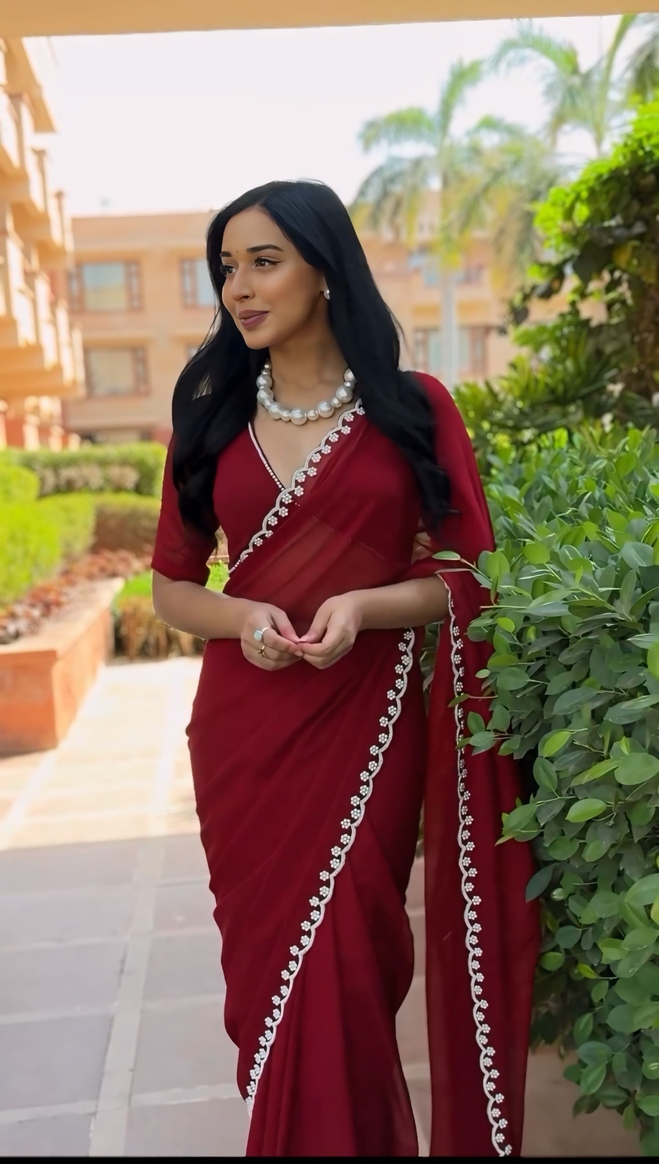 Deep Maroon, White, Pink, Blue Designer Saree With Elegant Pearl Border Work