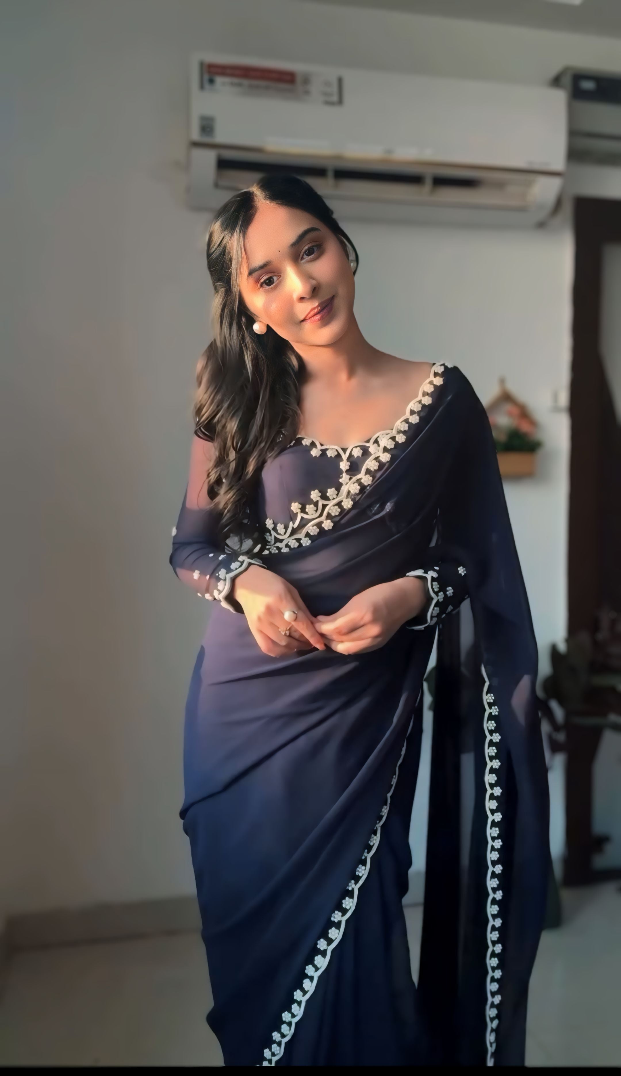 Deep Maroon, White, Pink, Blue Designer Saree With Elegant Pearl Border Work