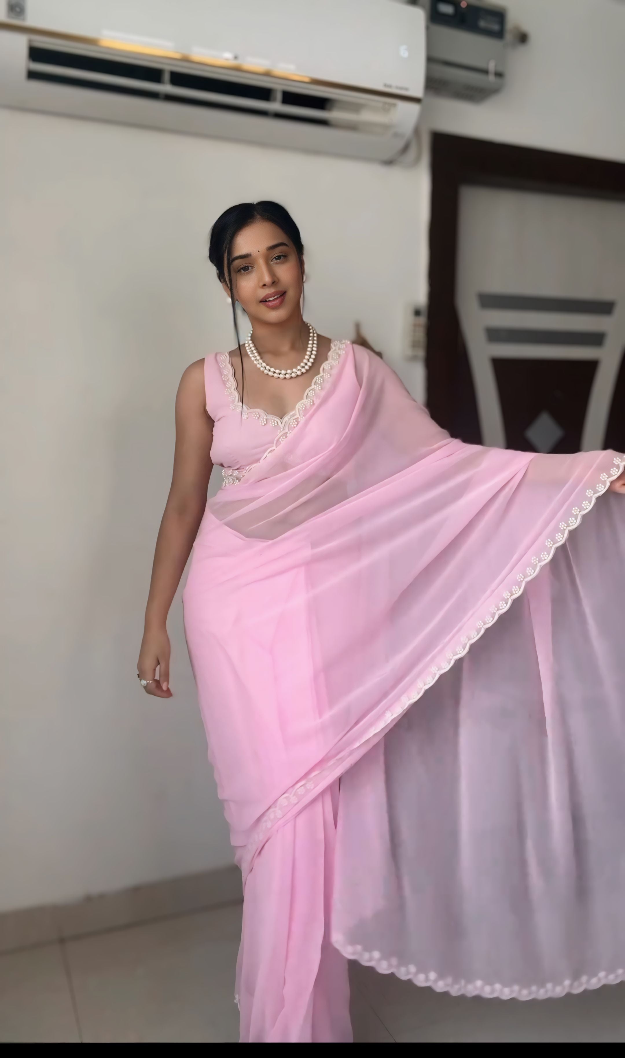 Deep Maroon, White, Pink, Blue Designer Saree With Elegant Pearl Border Work