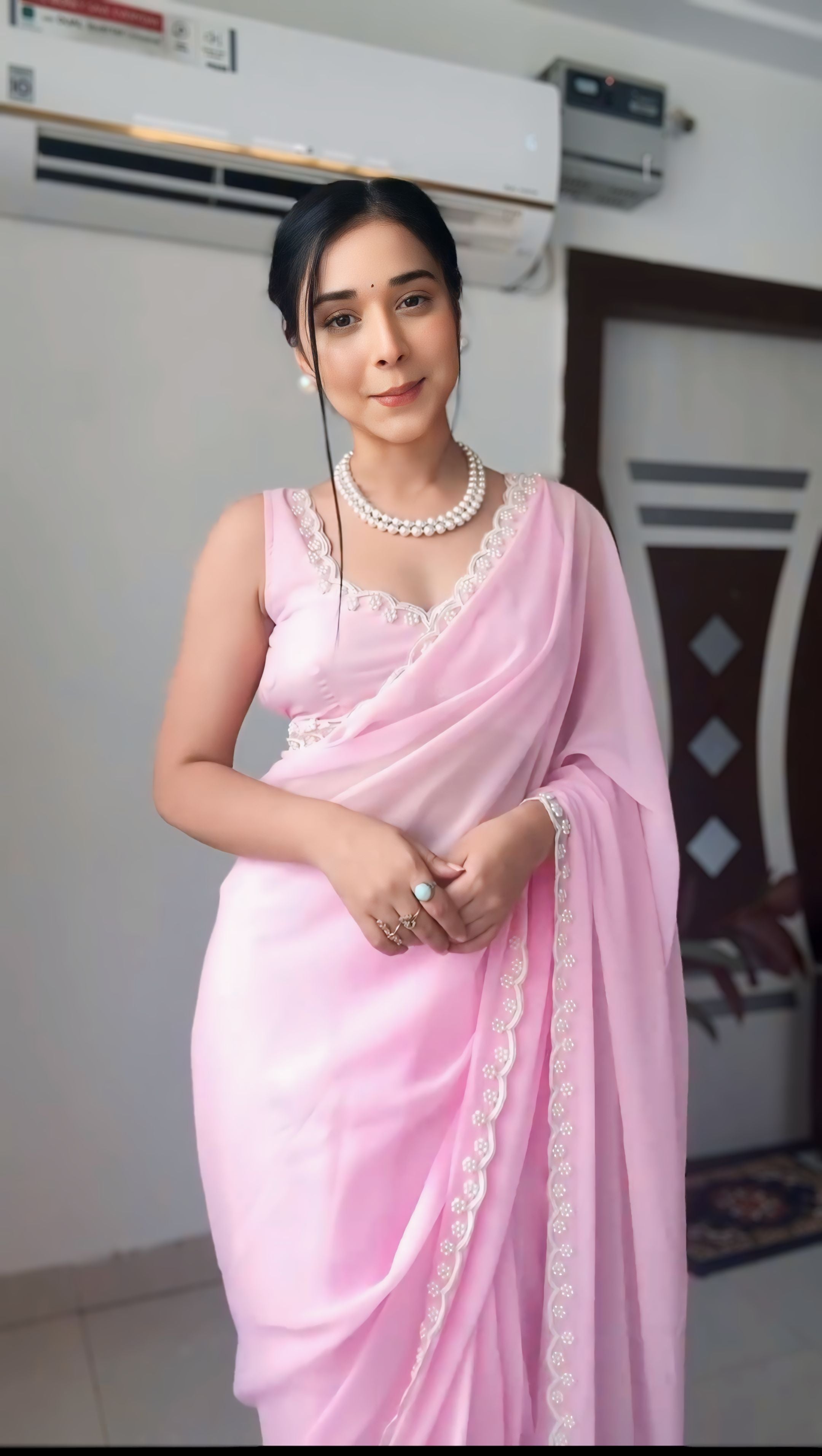 Deep Maroon, White, Pink, Blue Designer Saree With Elegant Pearl Border Work