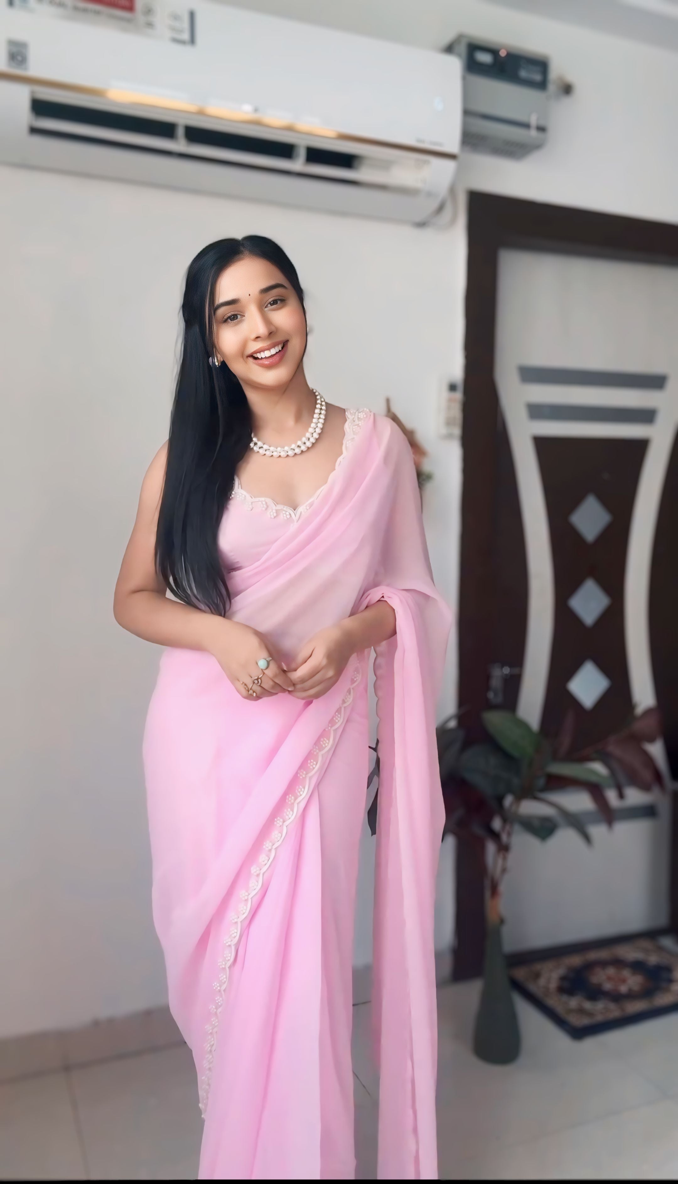 Deep Maroon, White, Pink, Blue Designer Saree With Elegant Pearl Border Work