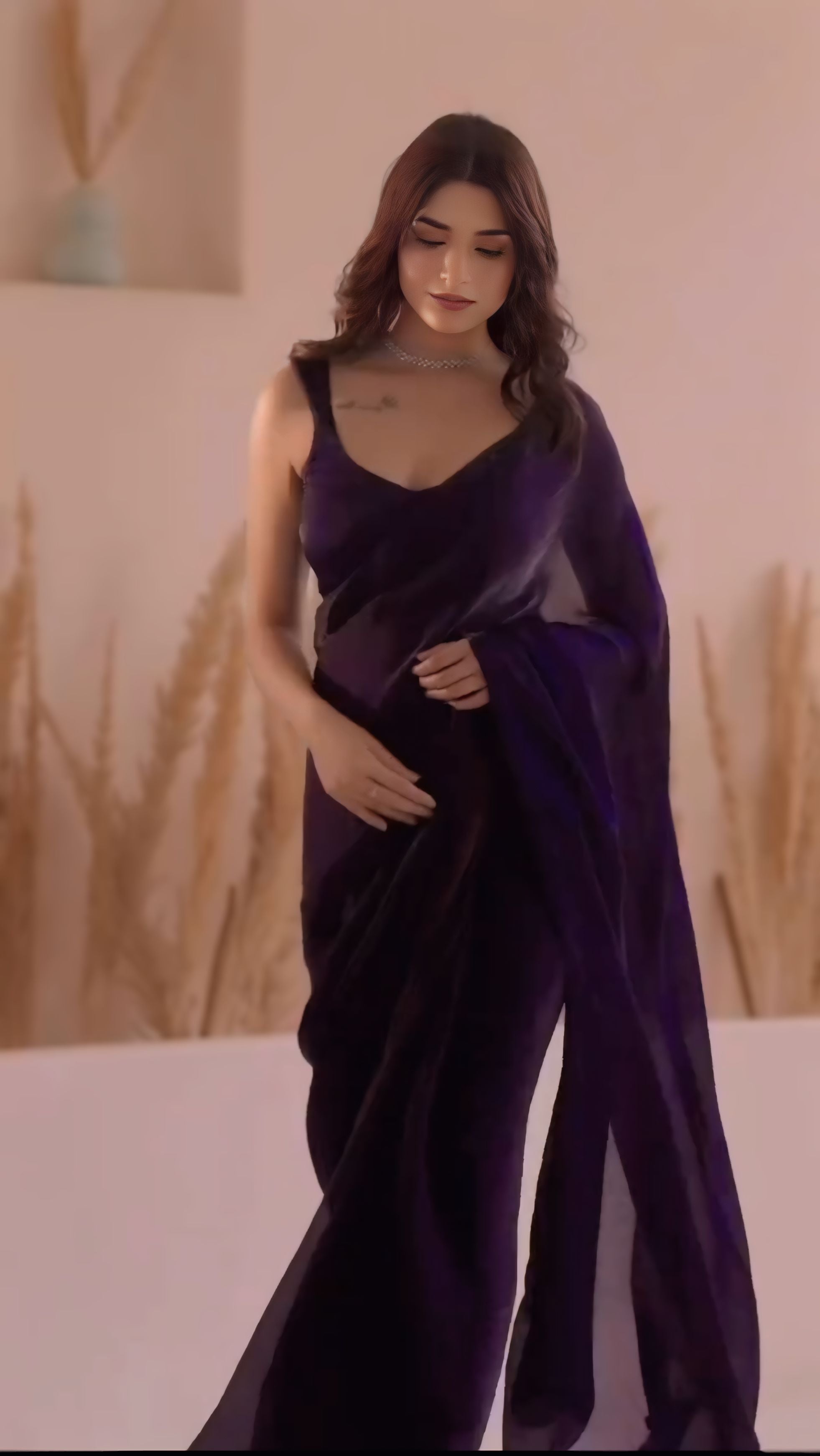 Deep Purple Party Wear Saree With Elegant Velvet Drape