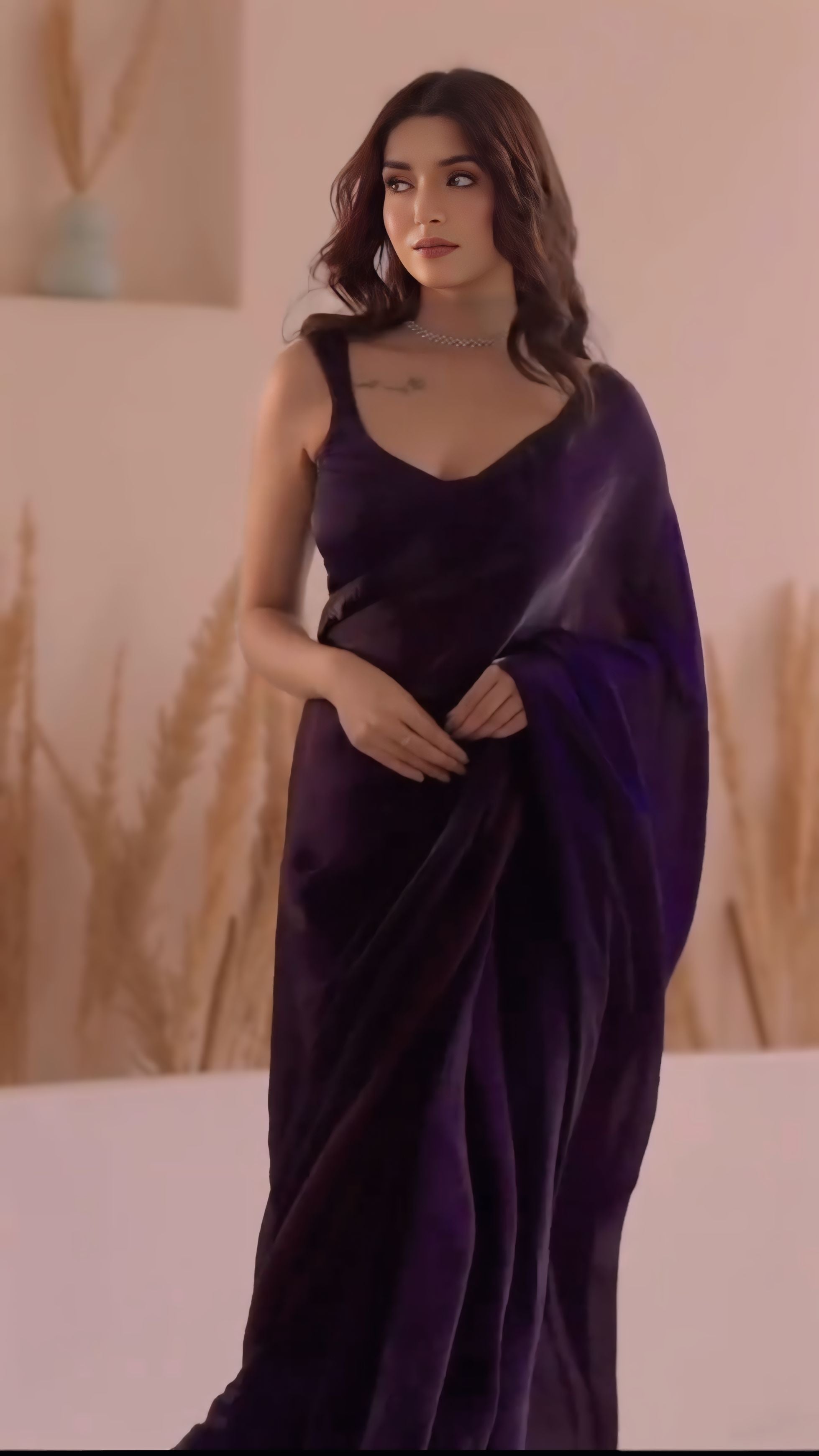 Deep Purple Party Wear Saree With Elegant Velvet Drape