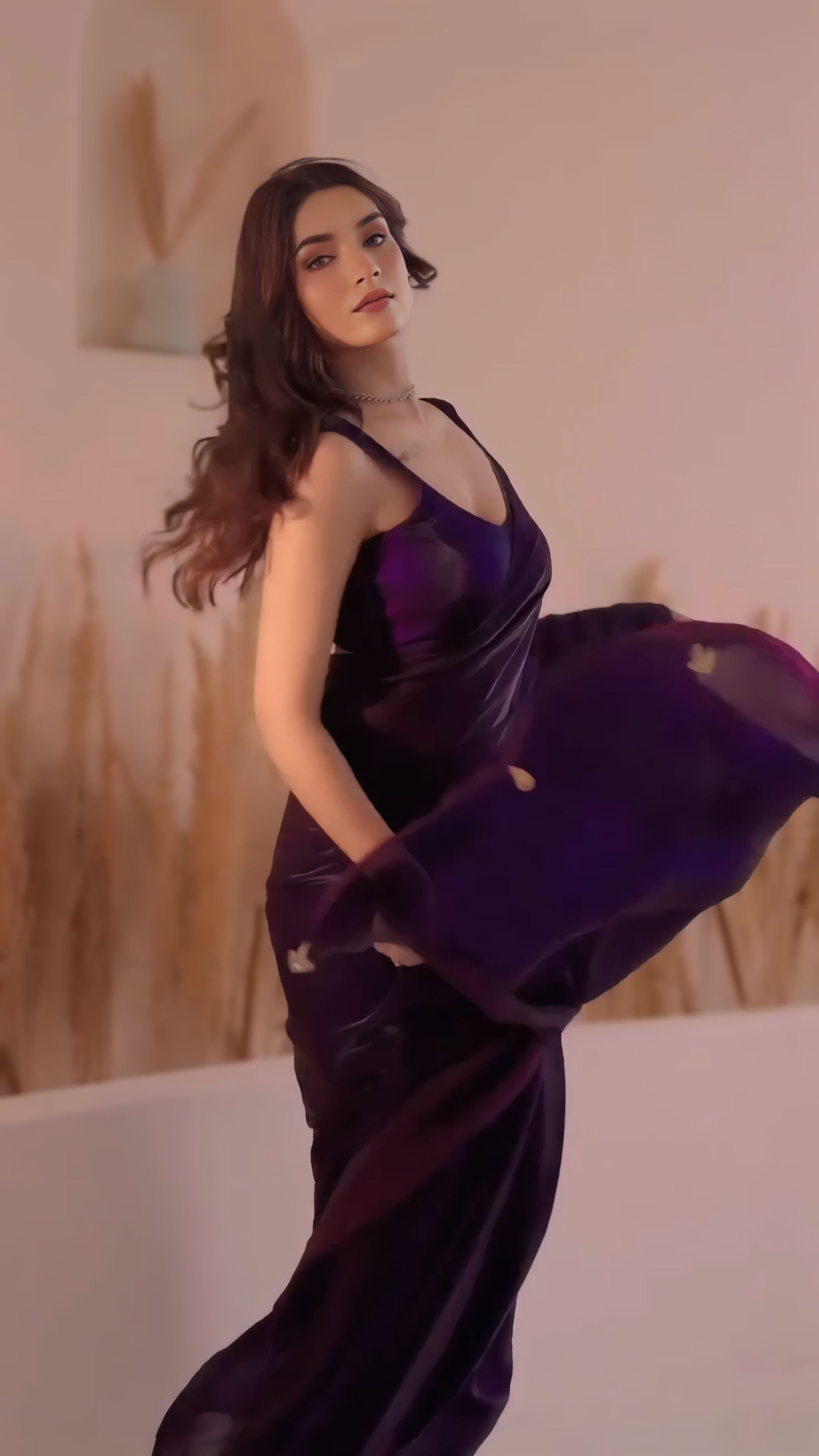Deep Purple Party Wear Saree With Elegant Velvet Drape