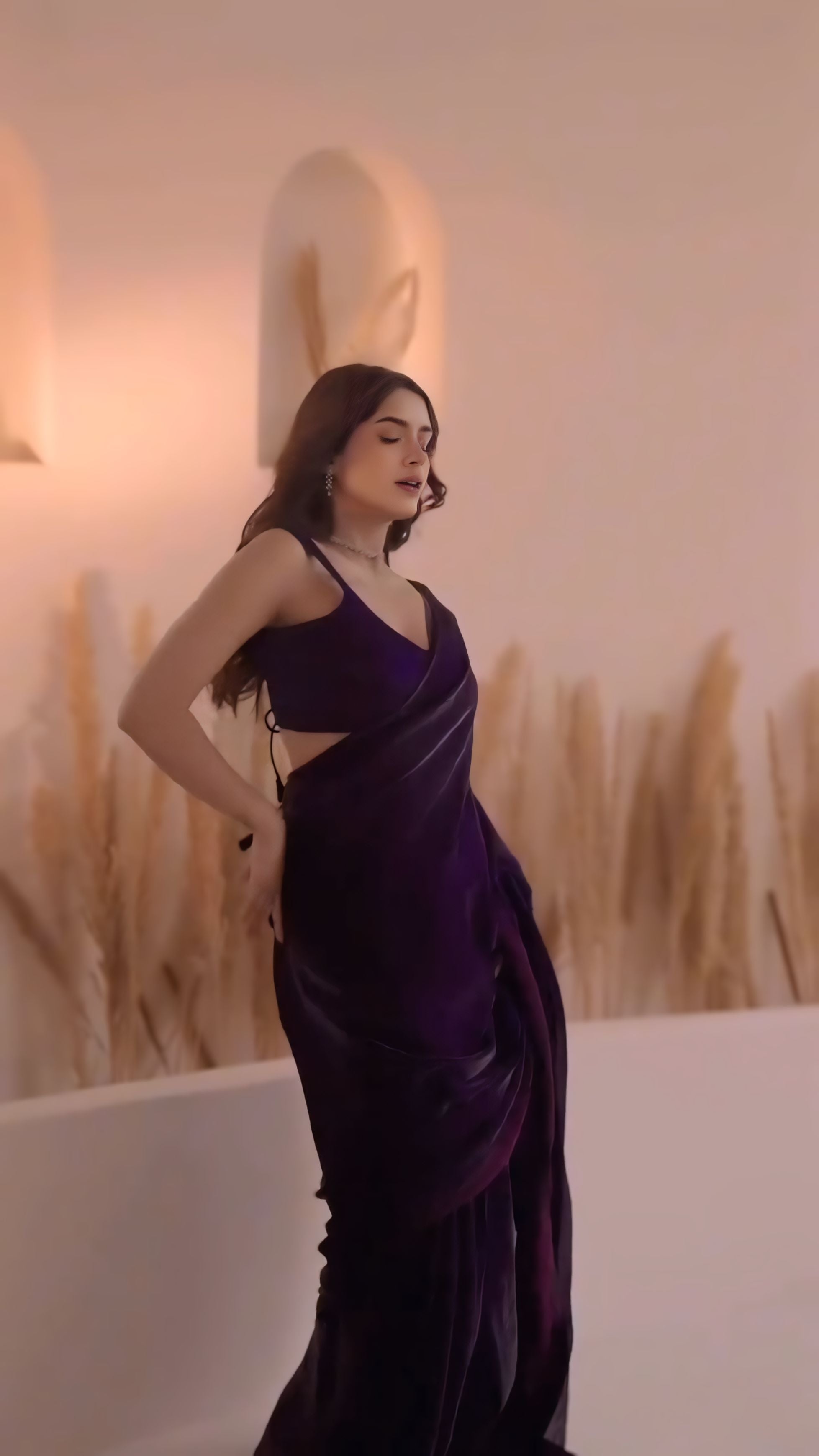 Deep Purple Party Wear Saree With Elegant Velvet Drape