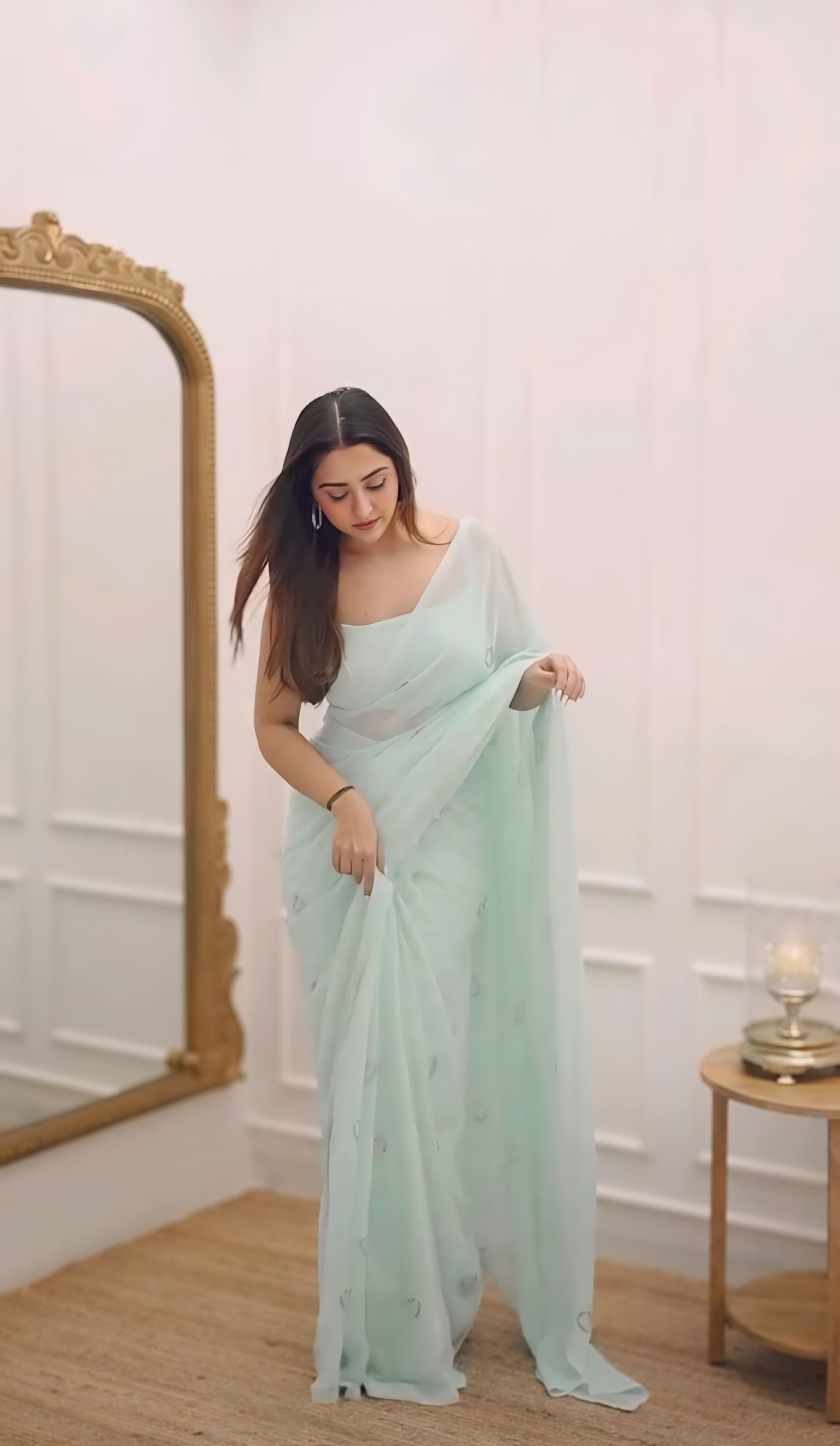 Mint Green Designer Saree With Elegant Lightweight Drape