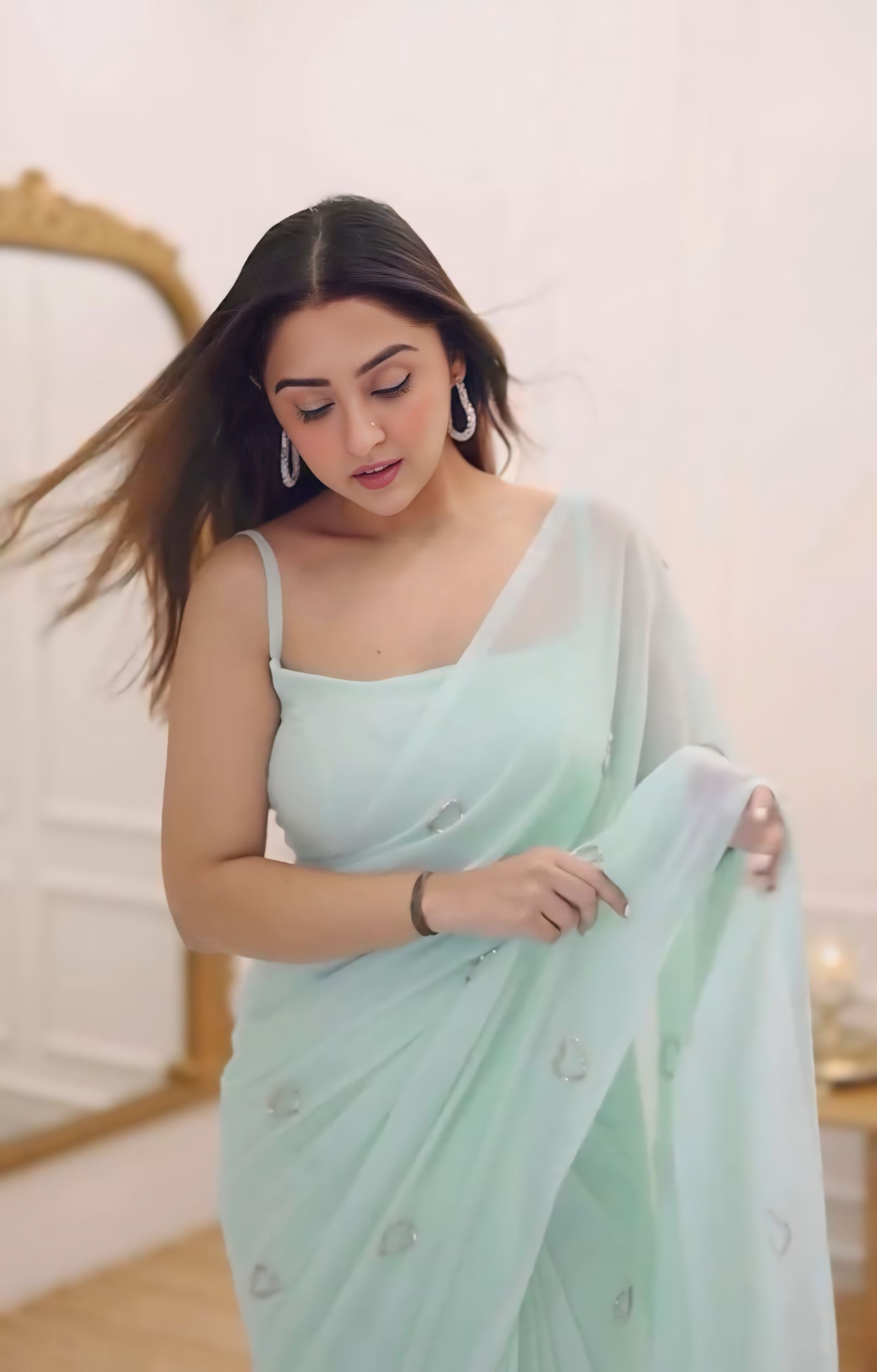 Mint Green Designer Saree With Elegant Lightweight Drape
