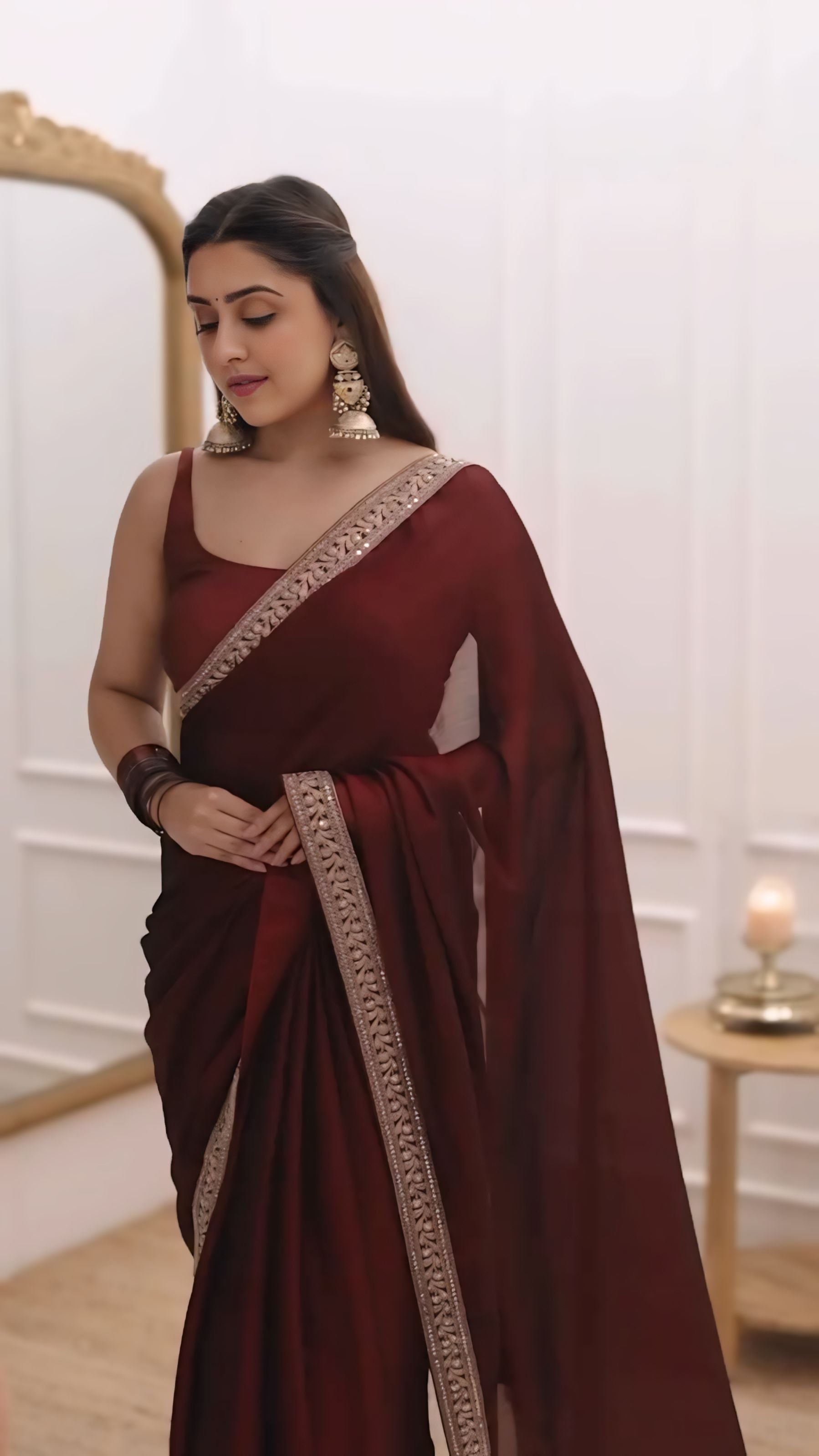 Wine Brown Designer Saree With Elegant Border Detailing