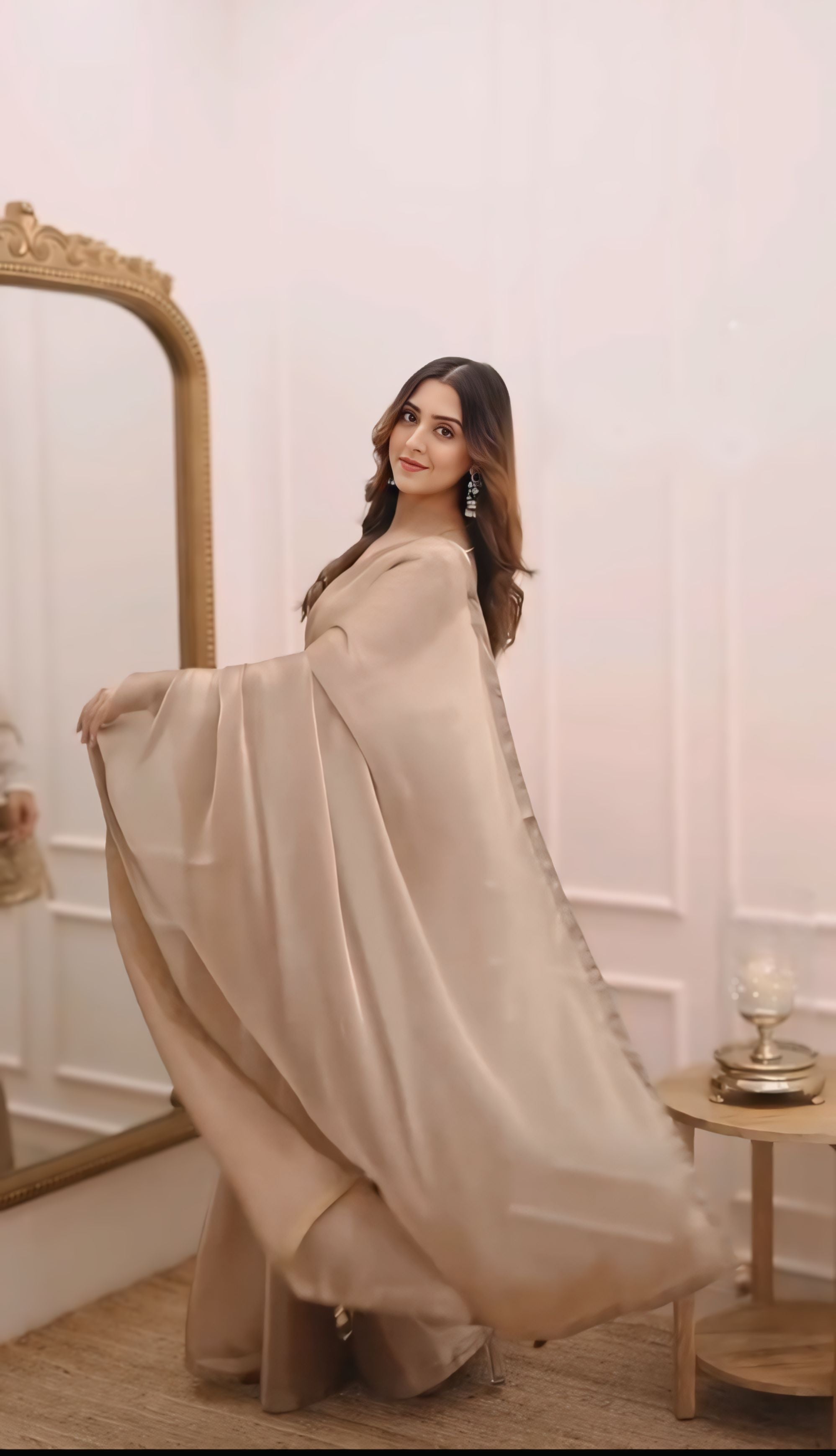 Nude Beige Satin Saree
