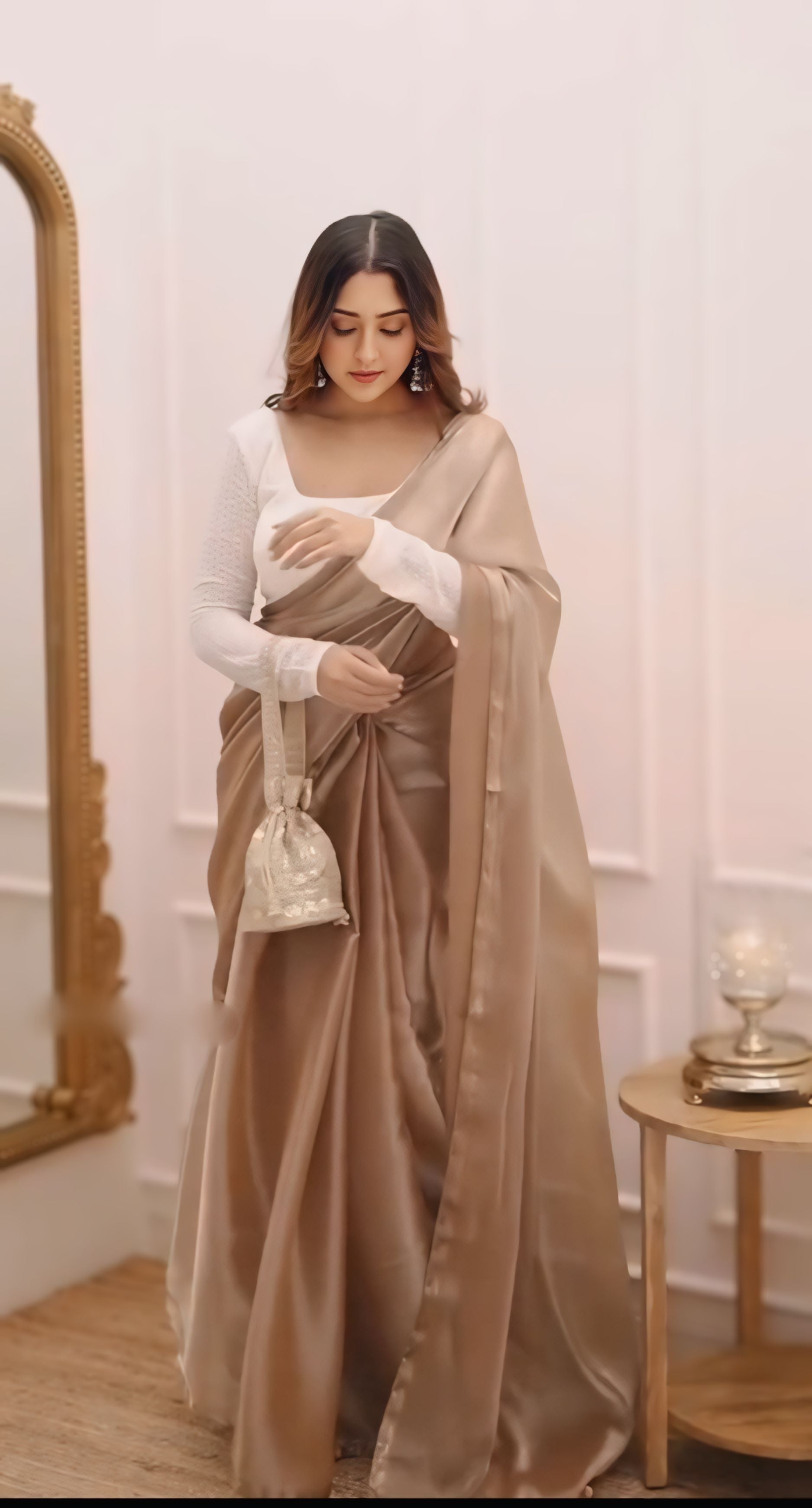 Nude Beige Satin Saree