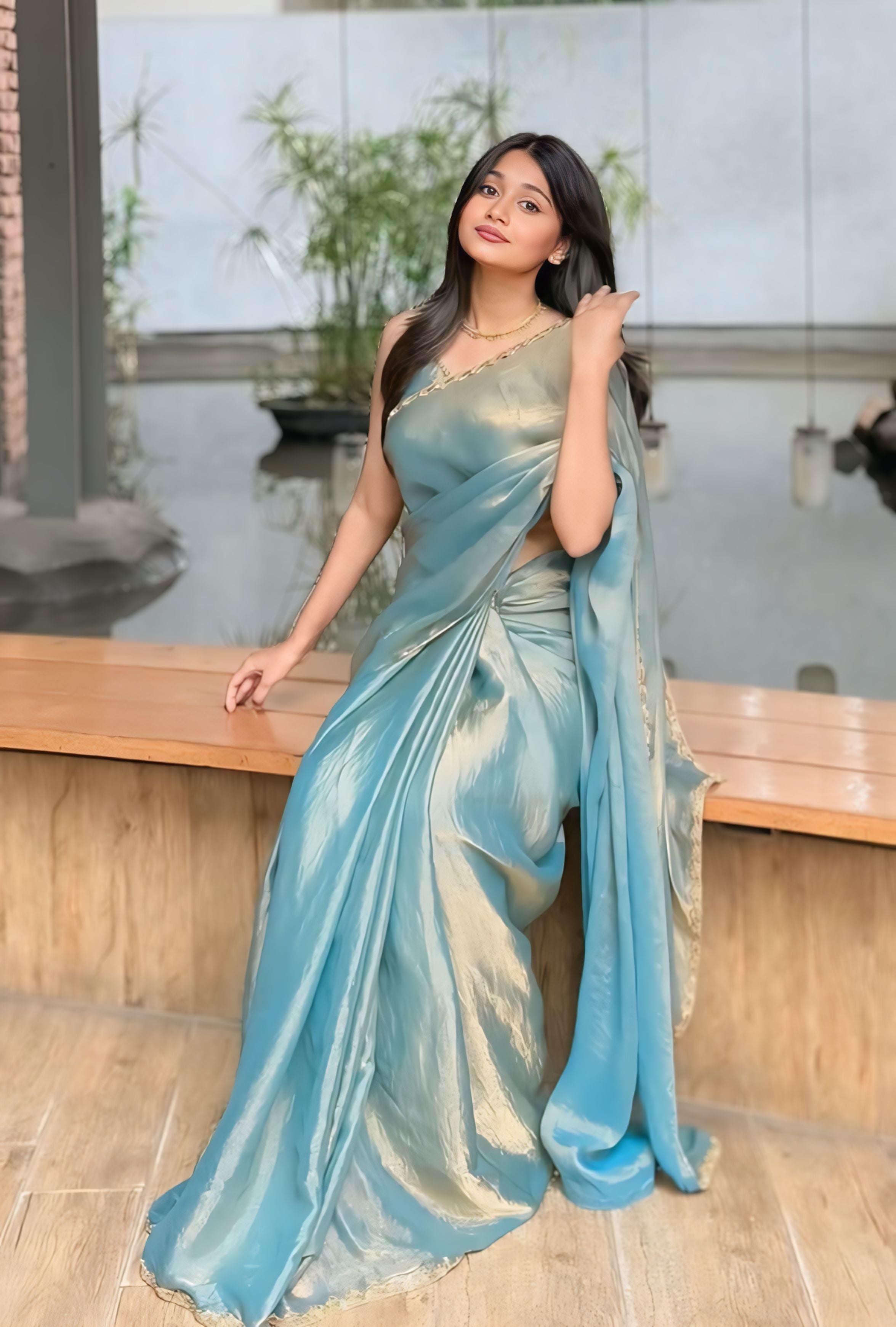 Ice Blue, Yellow, Purple, Bronze Brown Designer Saree With Elegant Satin Shine Finish