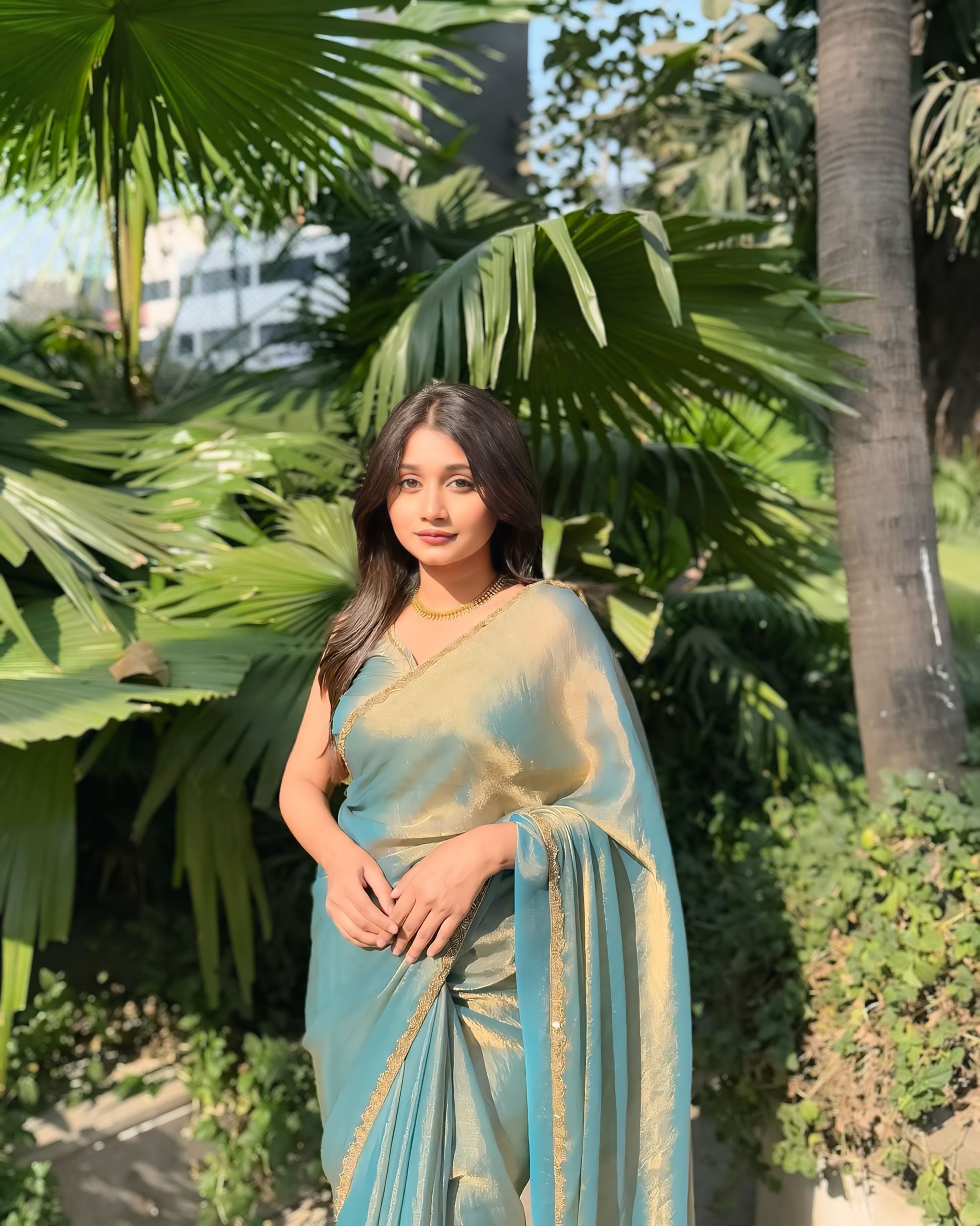Ice Blue, Yellow, Purple, Bronze Brown Designer Saree With Elegant Satin Shine Finish