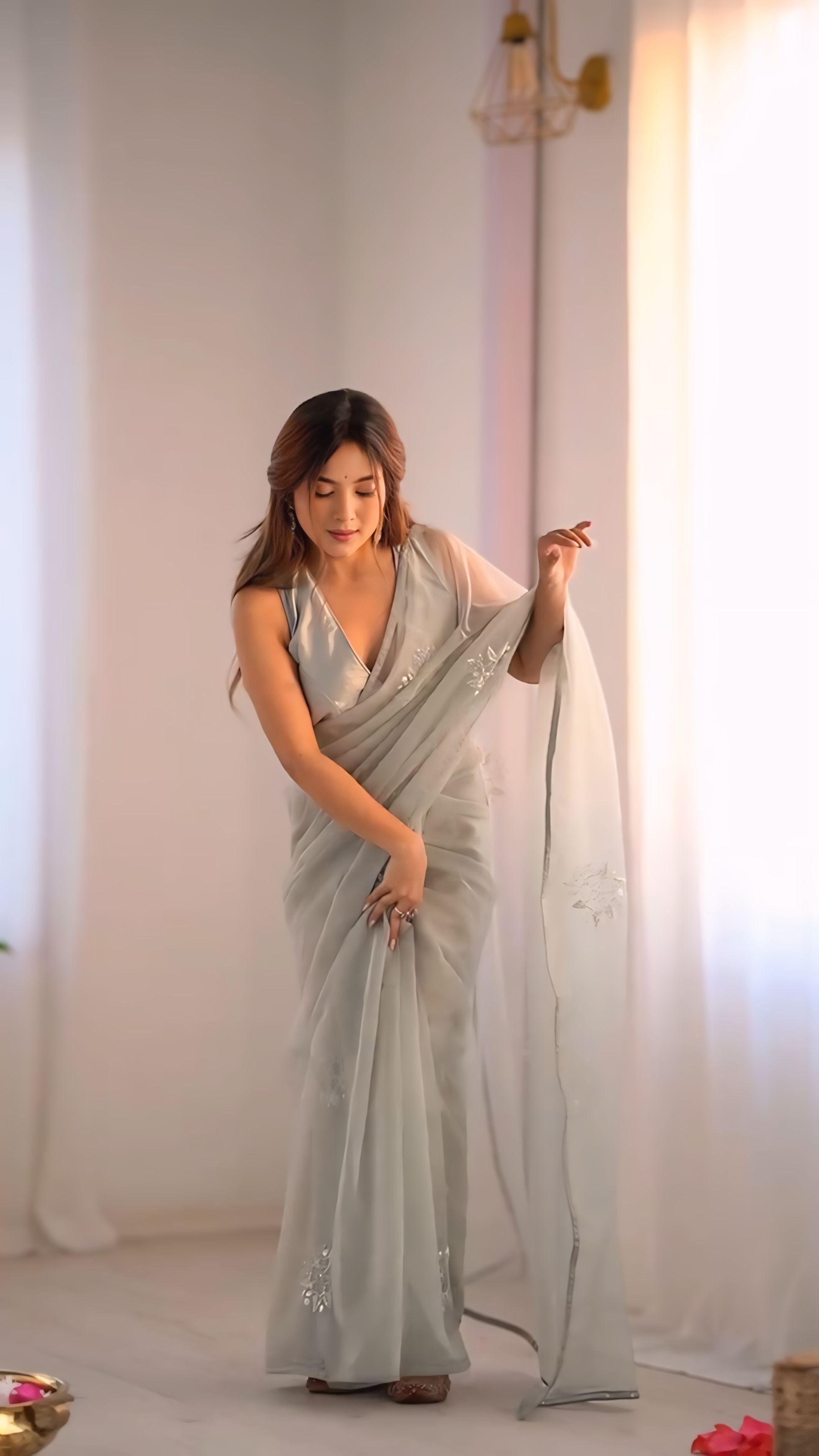 Silver Grey Elegant Saree With Minimal Modern Styling
