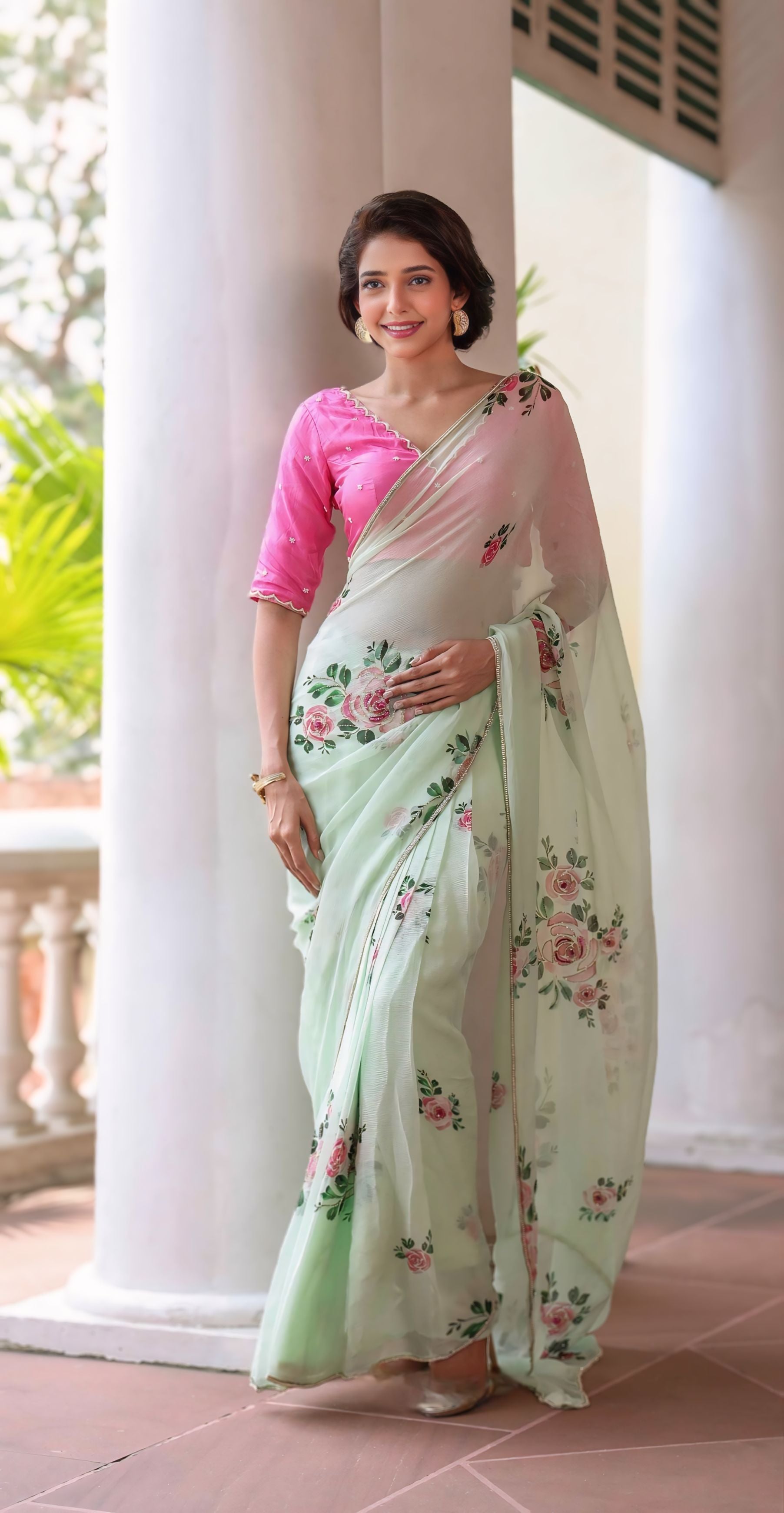 Mint Green Floral Saree With Elegant Printed Design