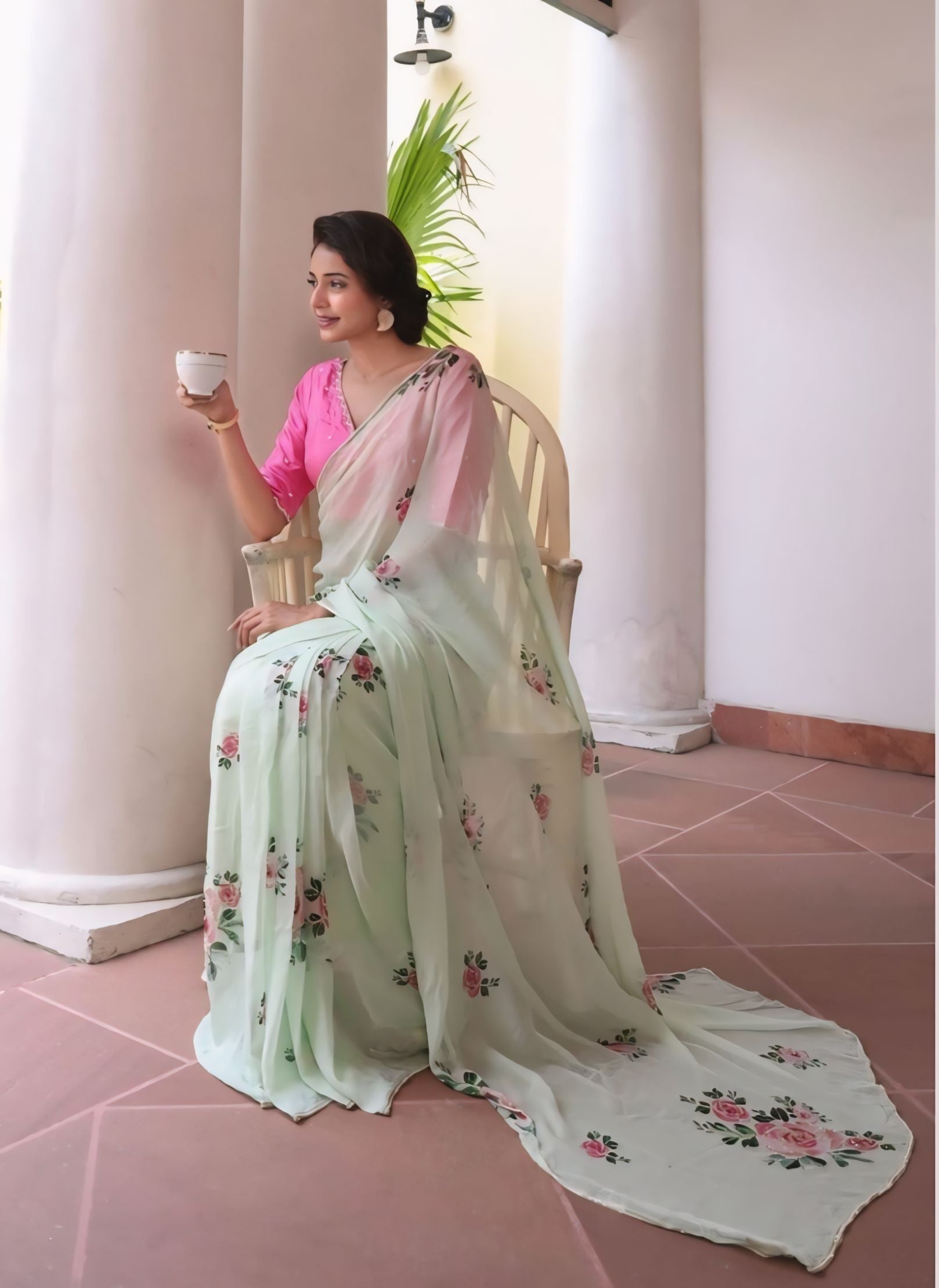 Mint Green Floral Saree With Elegant Printed Design