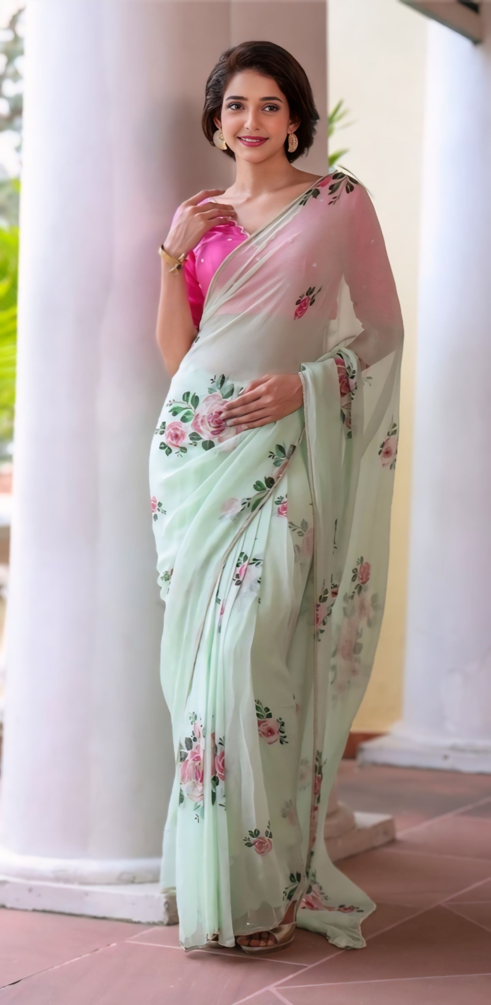 Mint Green Floral Saree With Elegant Printed Design