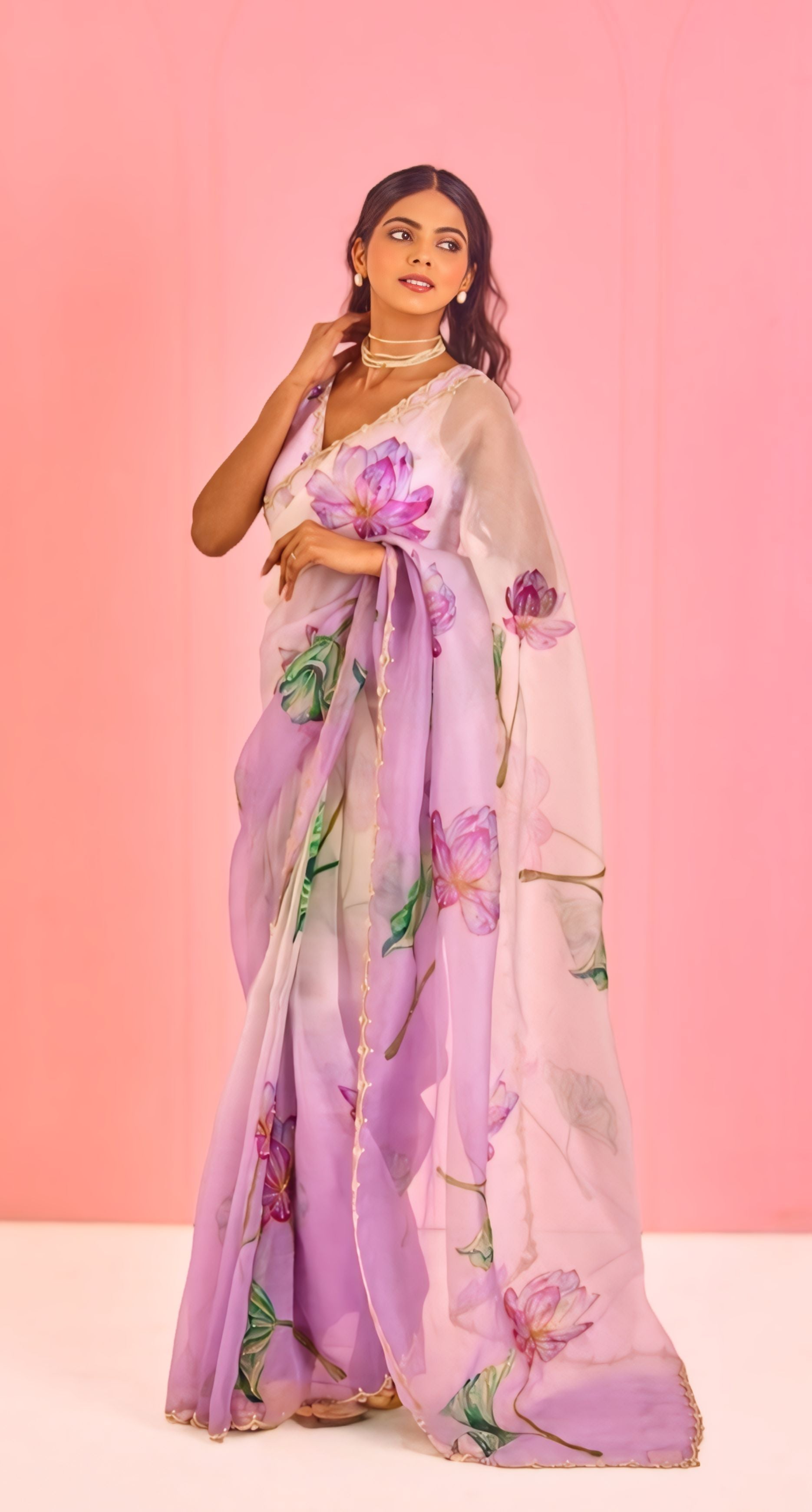 Lavender Floral Printed Saree With Soft Elegant Drape