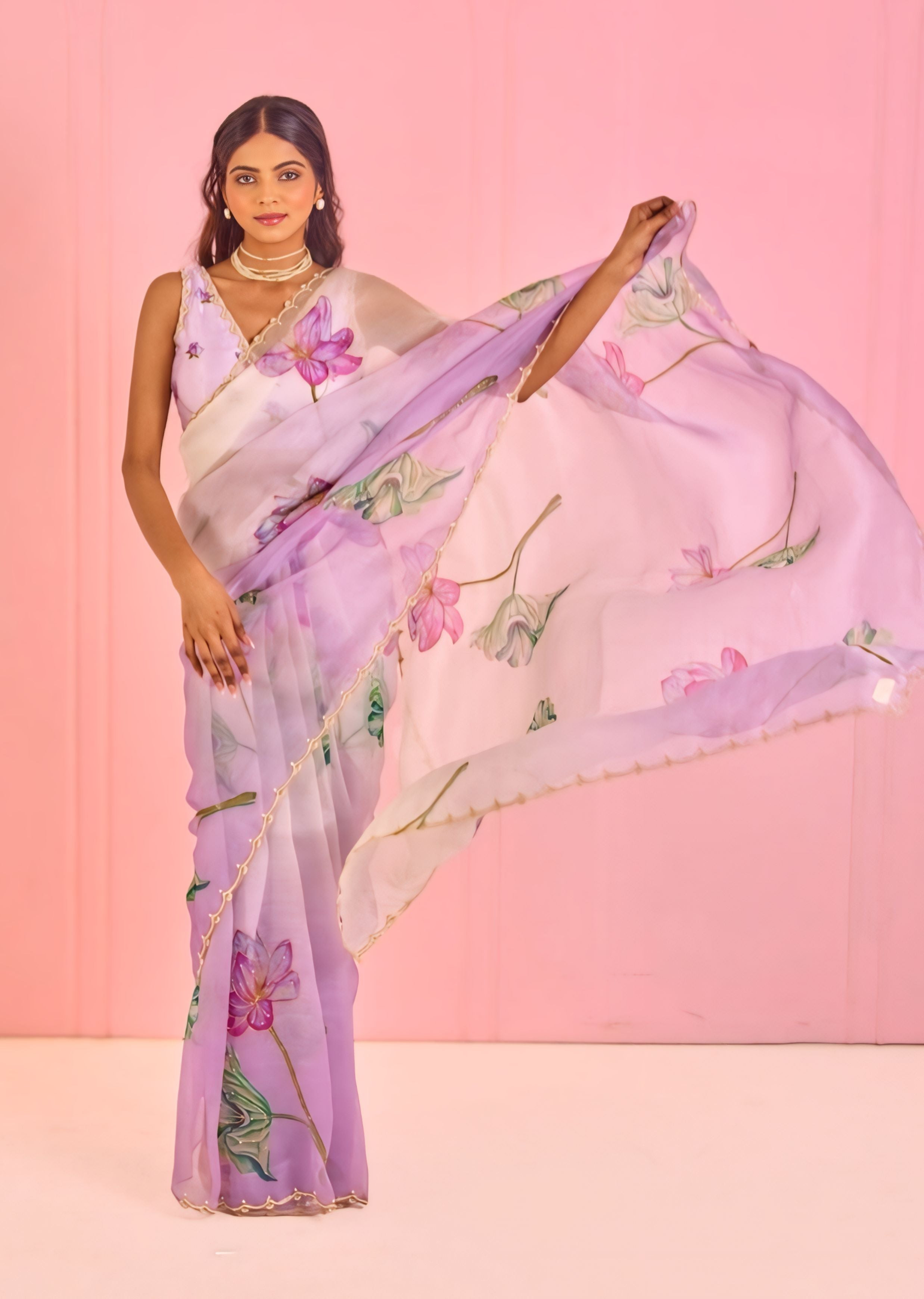 Lavender Floral Printed Saree With Soft Elegant Drape