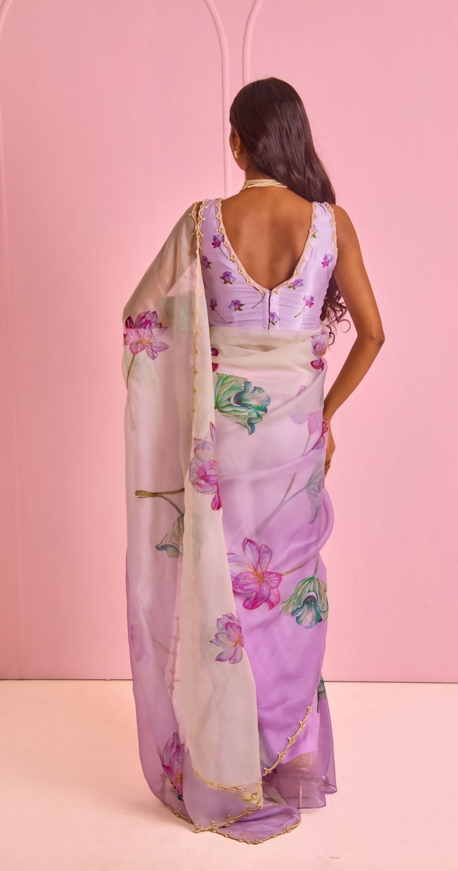 Lavender Floral Printed Saree With Soft Elegant Drape