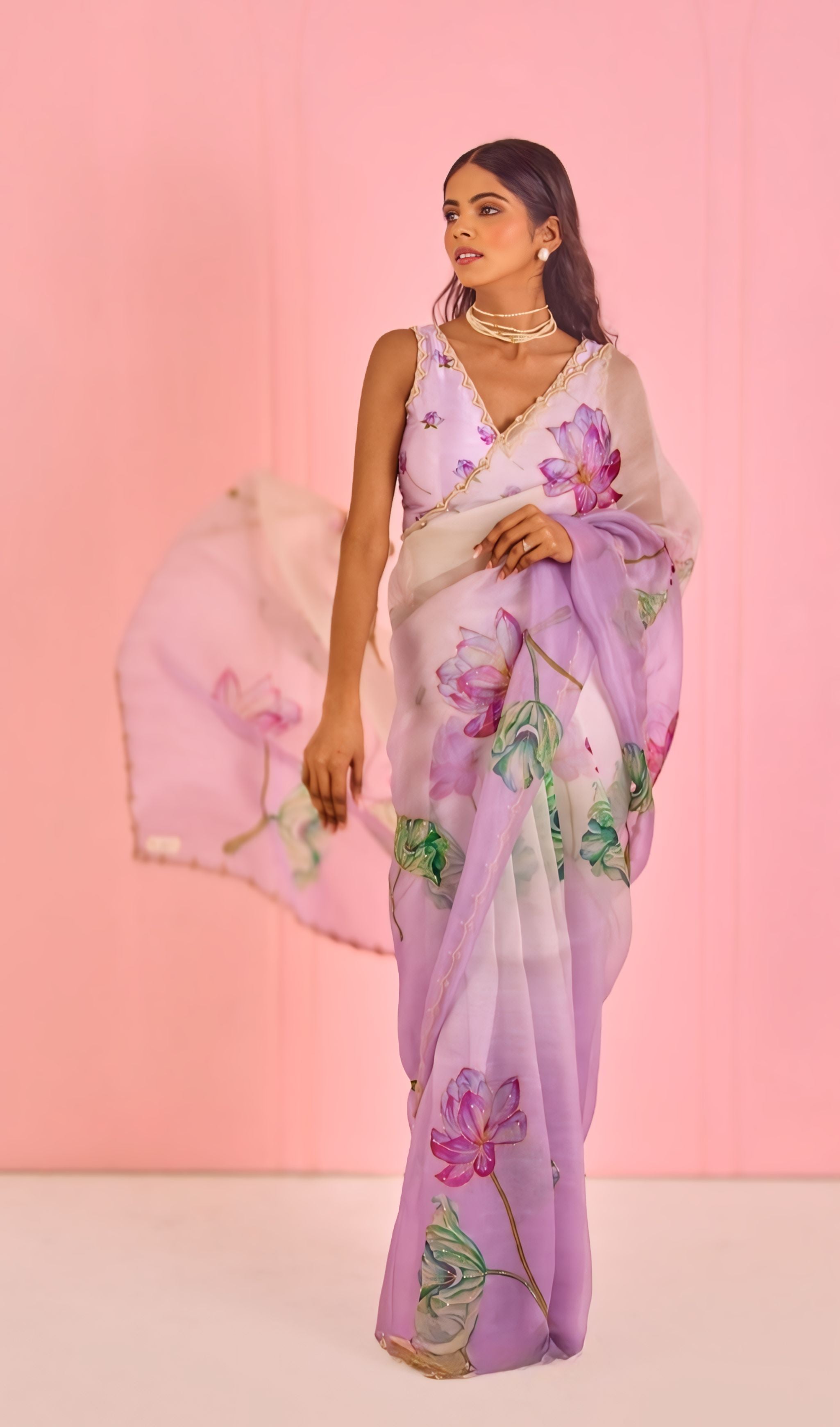 Lavender Floral Printed Saree With Soft Elegant Drape