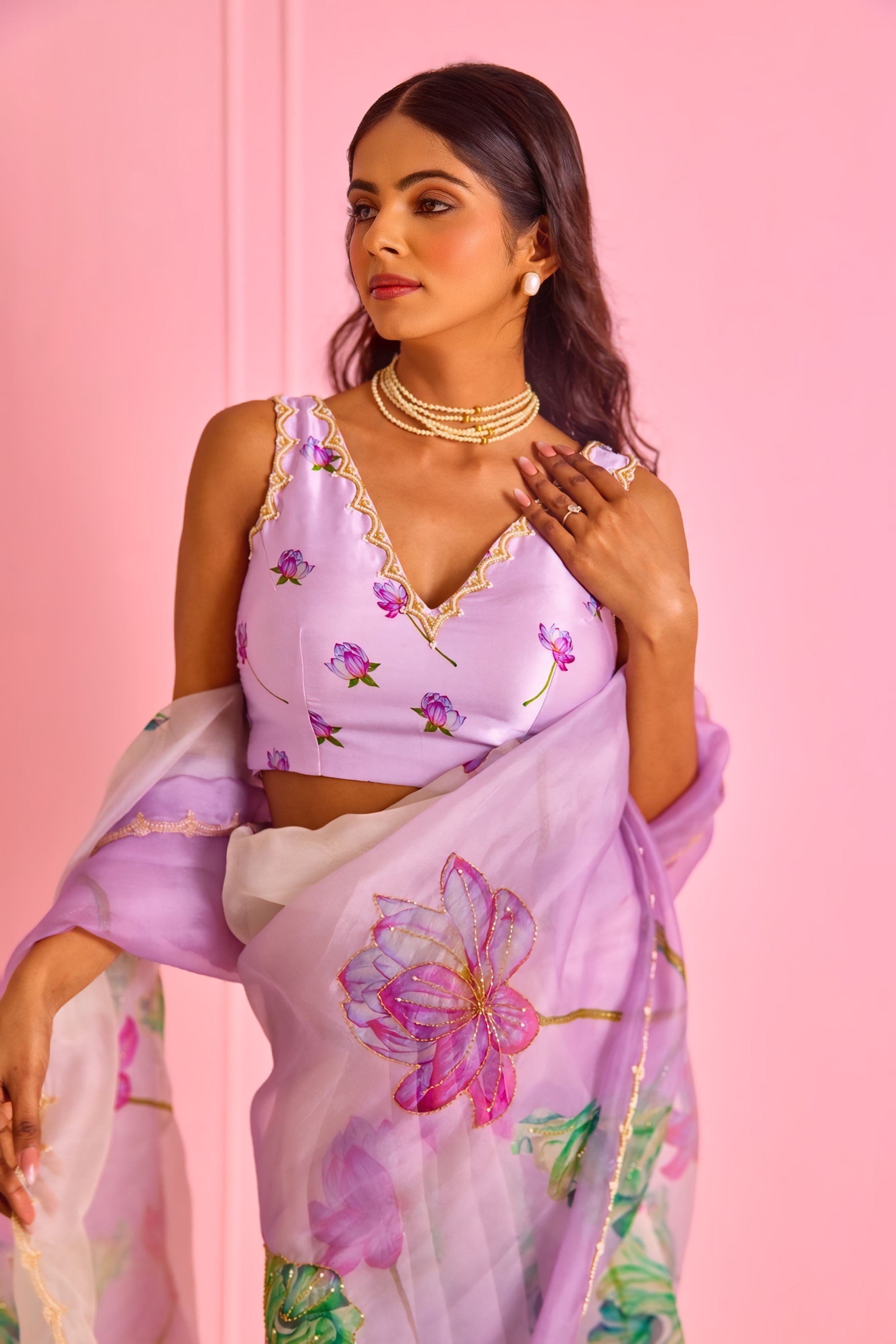 Lavender Floral Printed Saree With Soft Elegant Drape