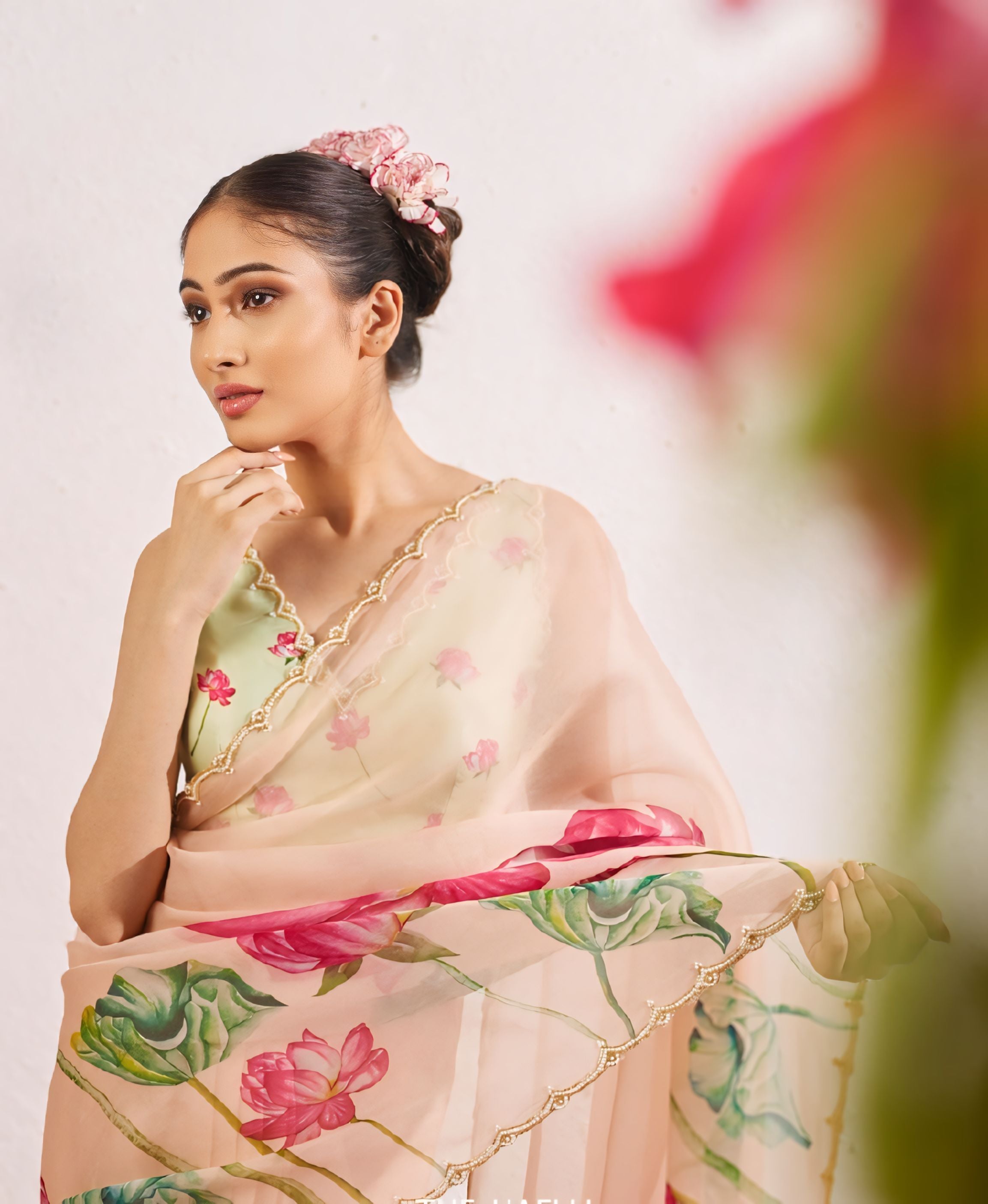 Ivory Pink Floral Organza Saree With Elegant Printed Design