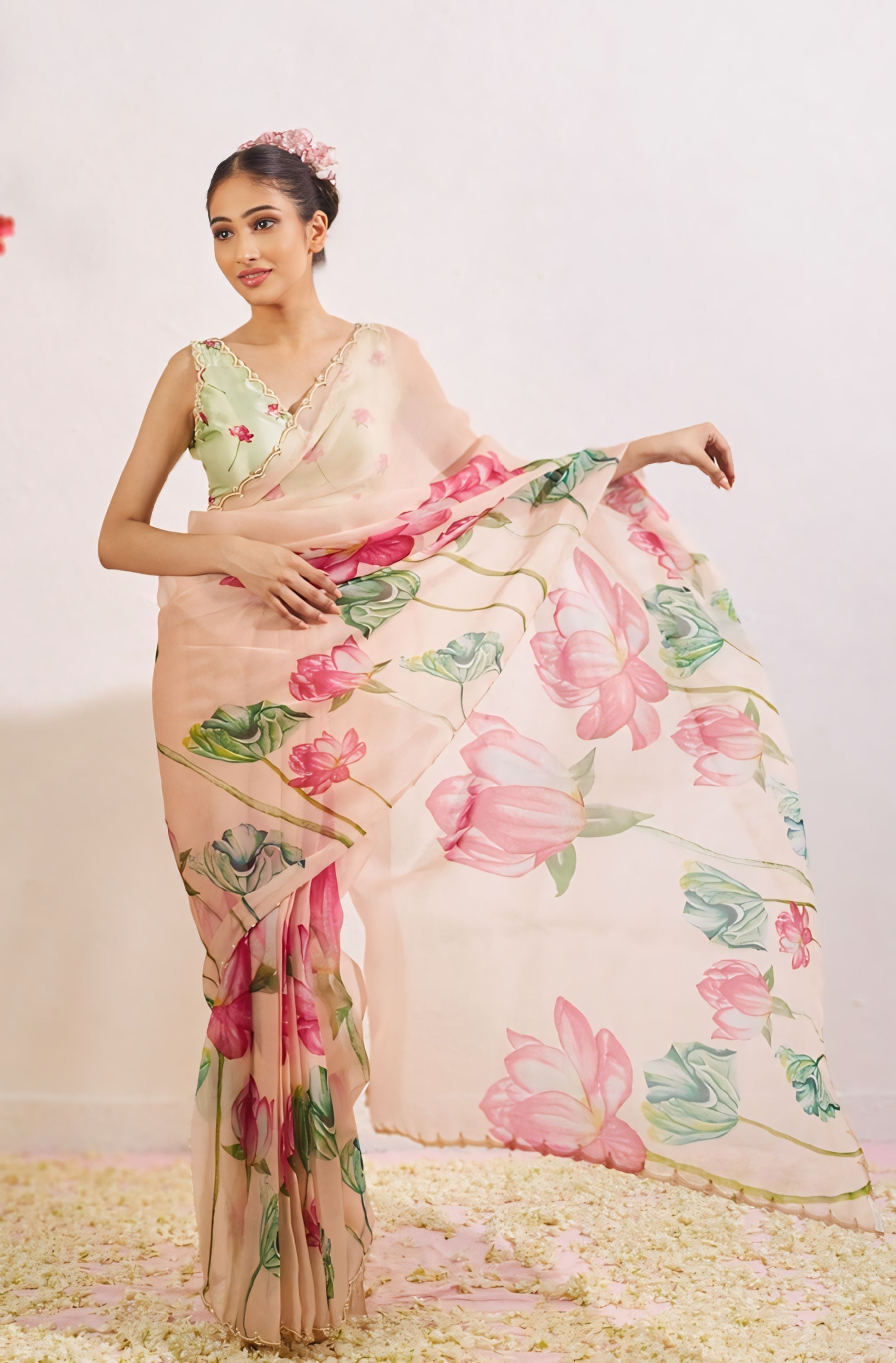 Ivory Pink Floral Organza Saree With Elegant Printed Design