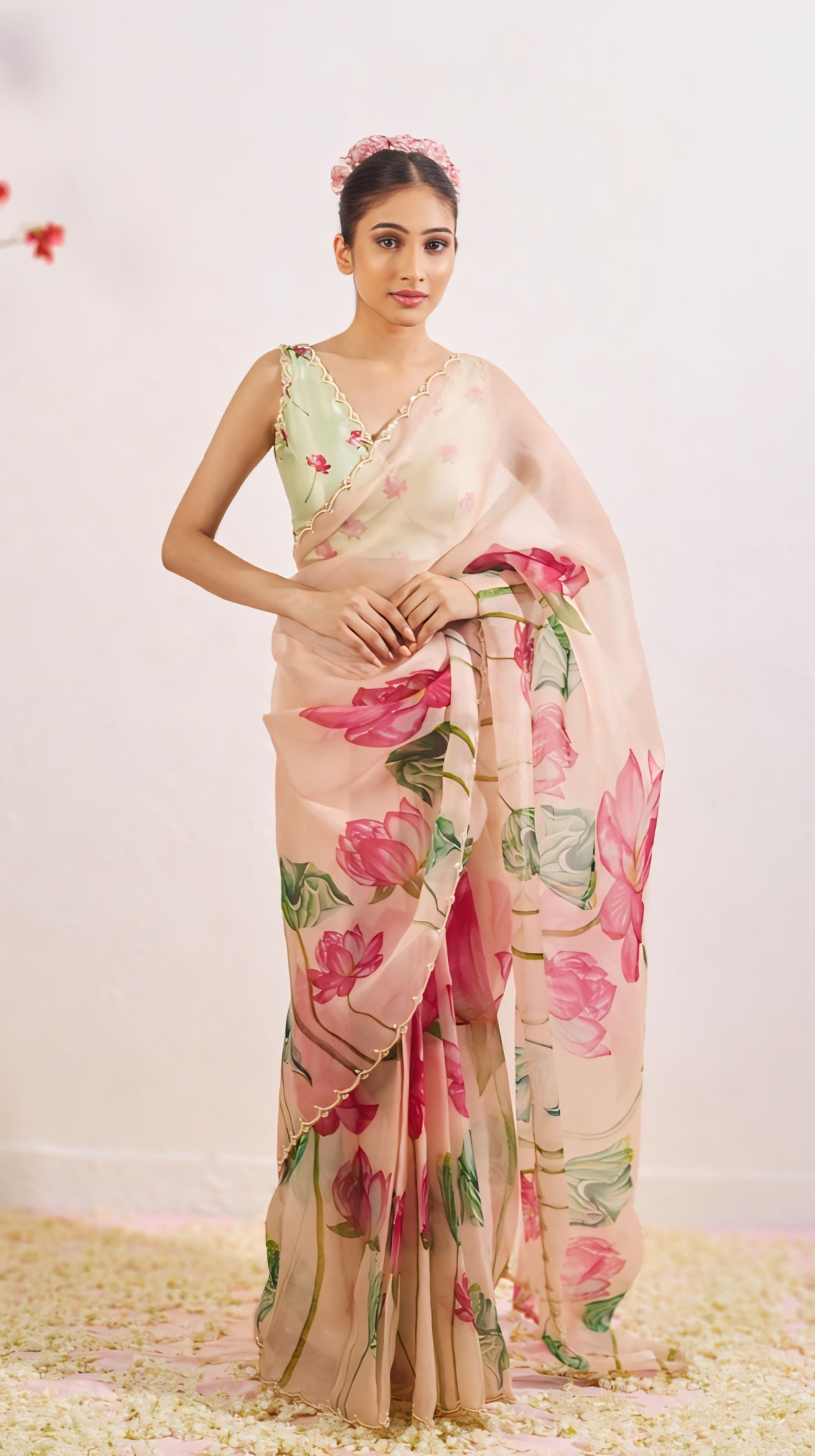 Ivory Pink Floral Organza Saree With Elegant Printed Design