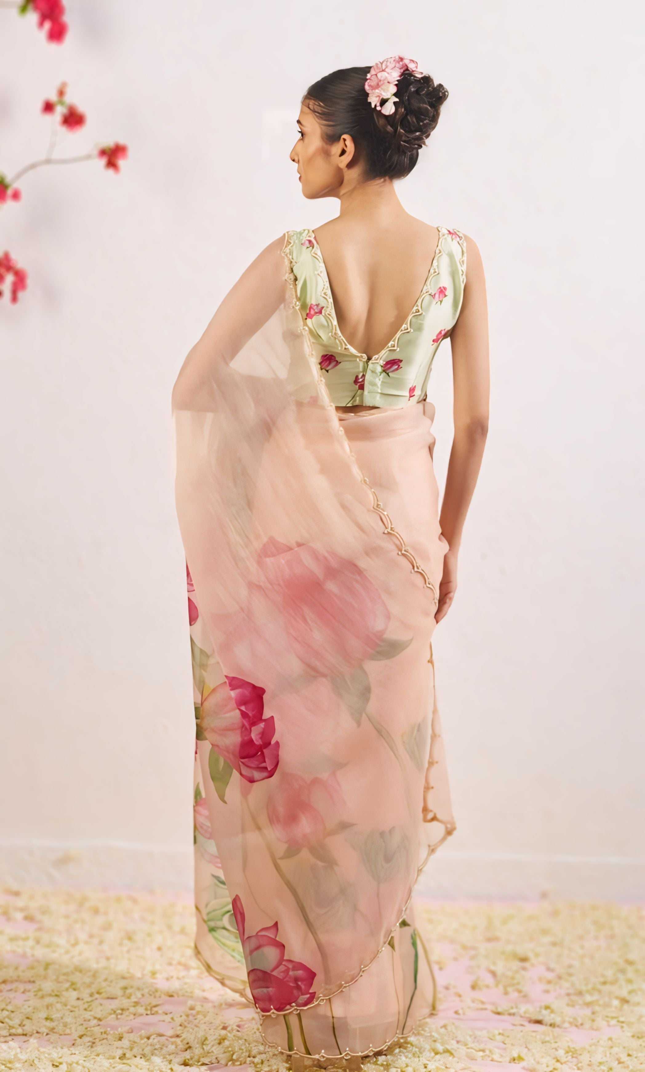 Ivory Pink Floral Organza Saree With Elegant Printed Design