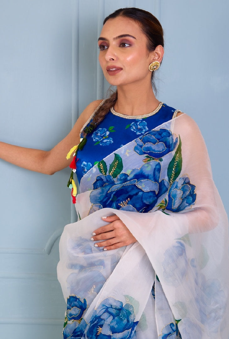 White Blue Floral Printed Saree With Elegant Artistic Design