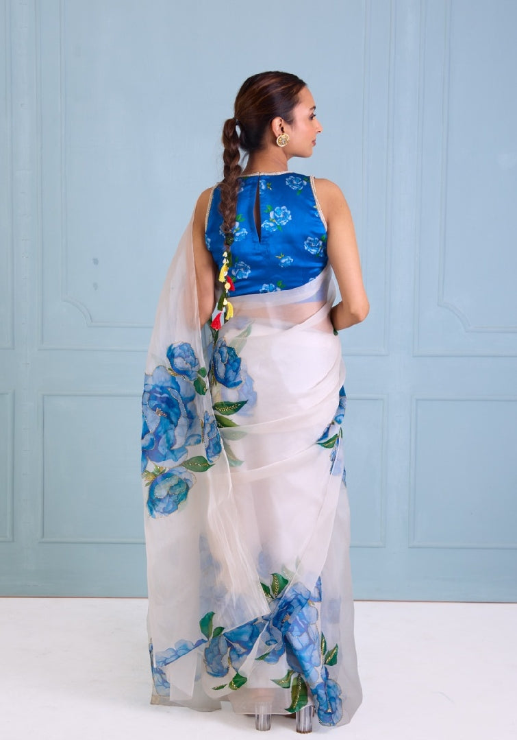 White Blue Floral Printed Saree With Elegant Artistic Design