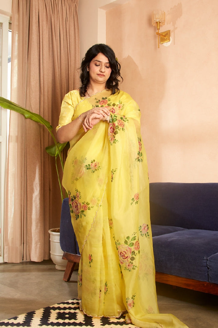 Ivory white, Yellow Floral Printed Saree With Elegant Soft Organza Look