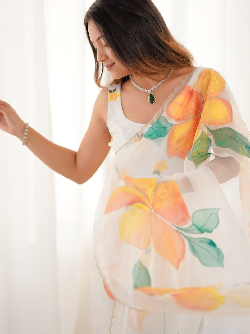 White Multicolor Floral Saree With Trendy Summer Print