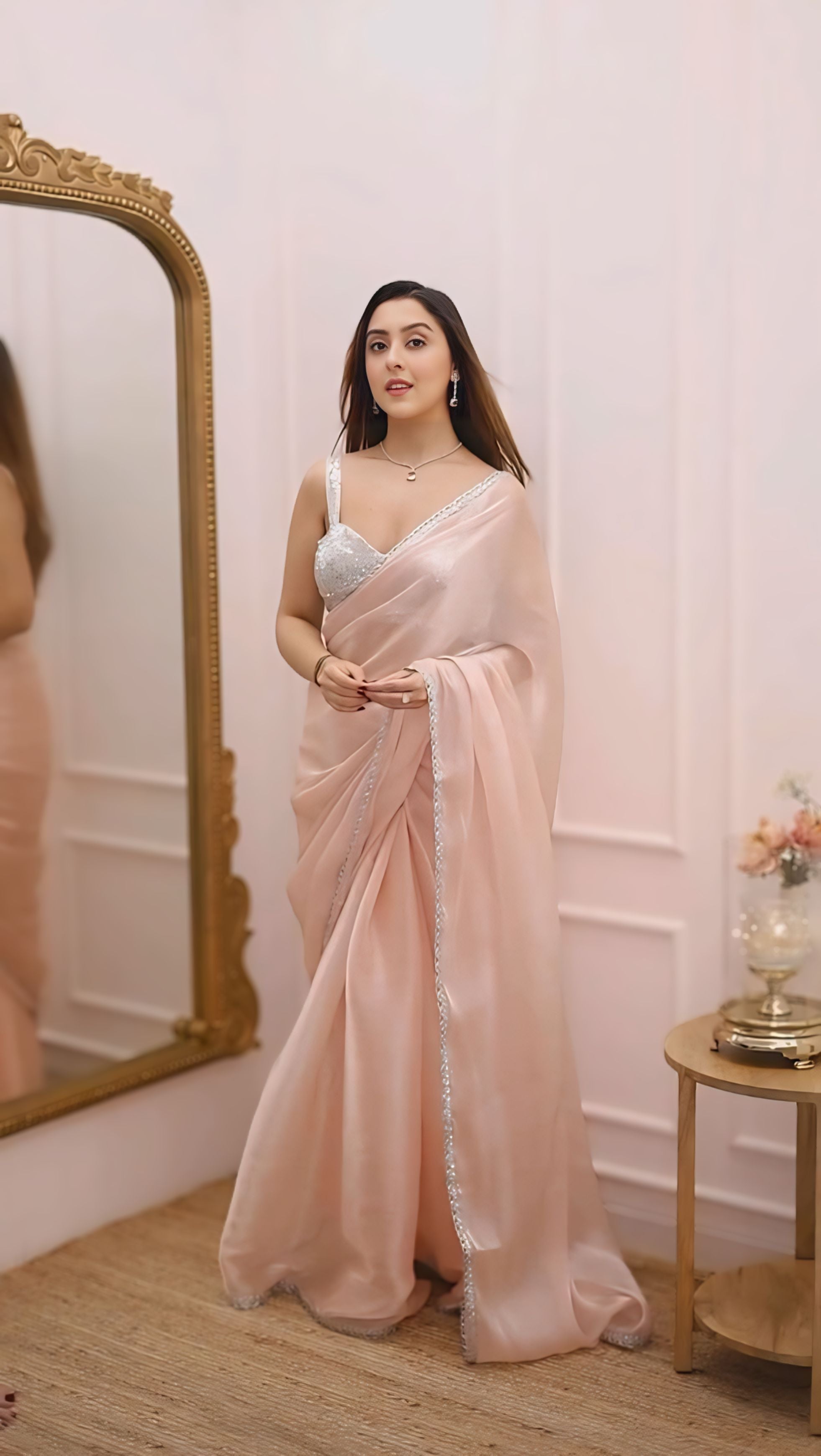 Blush Peach Pink Elegant Saree With Minimal Satin Drape