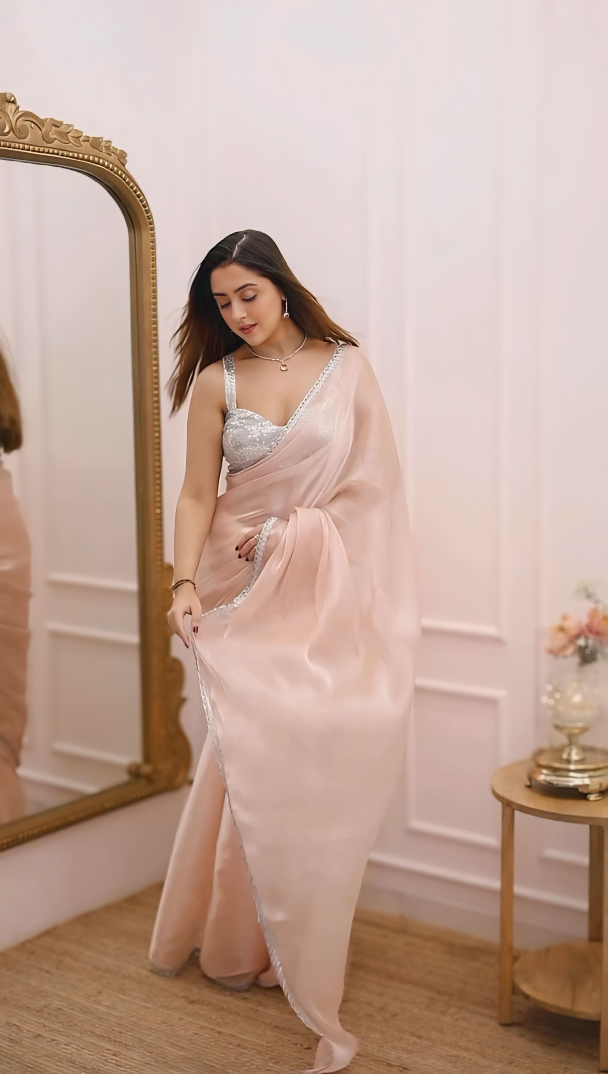 Blush Peach Pink Elegant Saree With Minimal Satin Drape