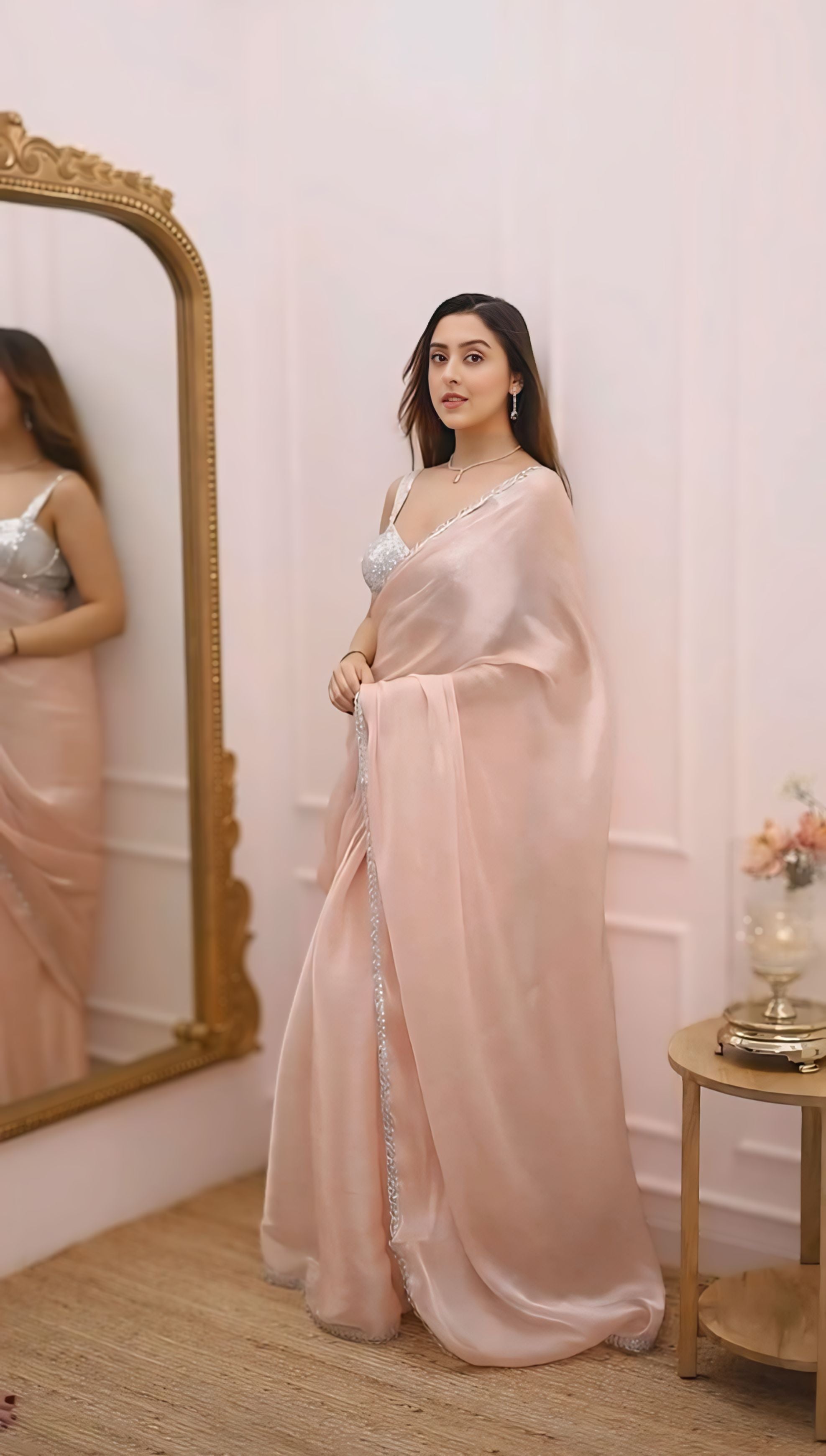 Blush Peach Pink Elegant Saree With Minimal Satin Drape