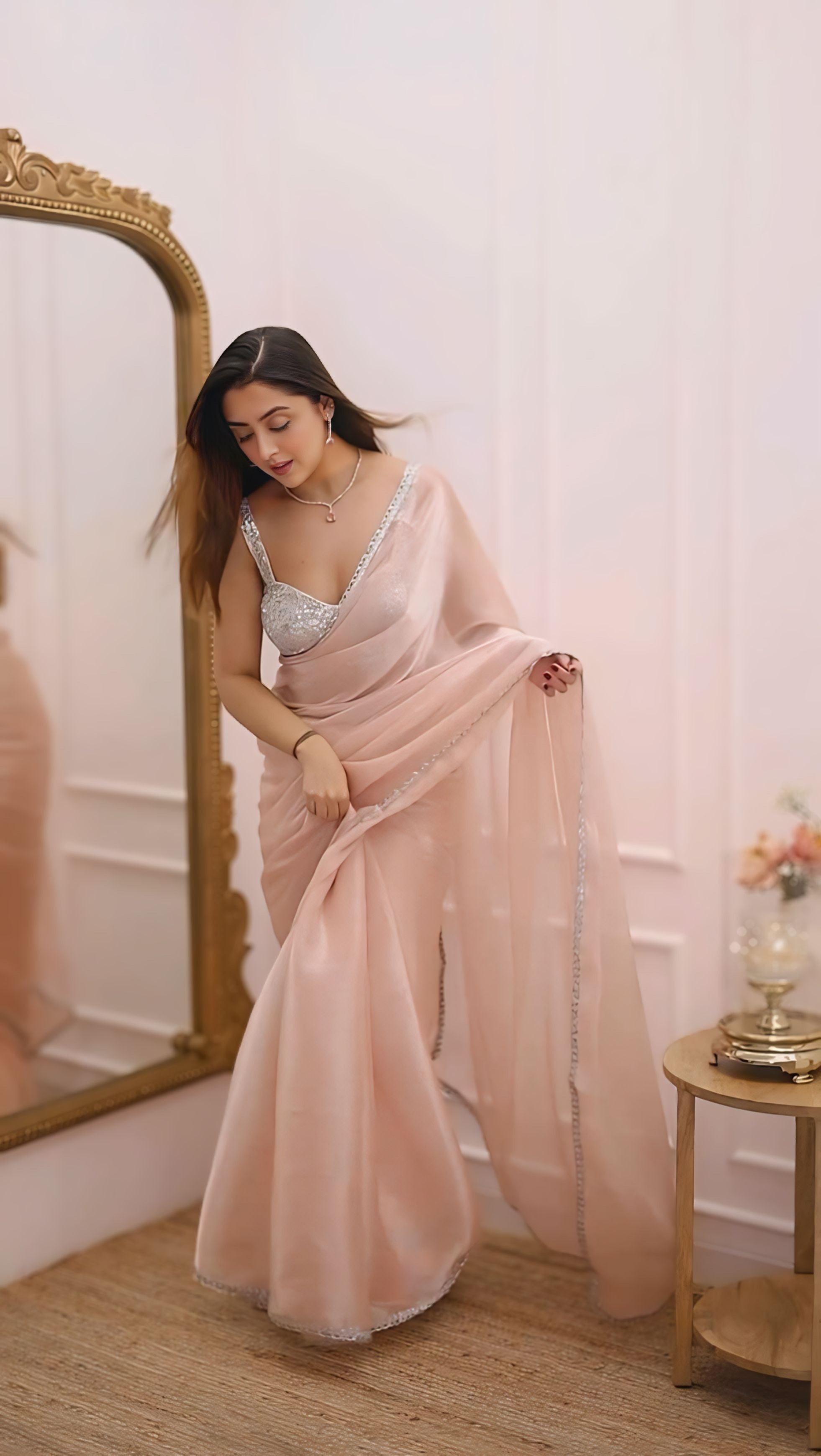 Blush Peach Pink Elegant Saree With Minimal Satin Drape