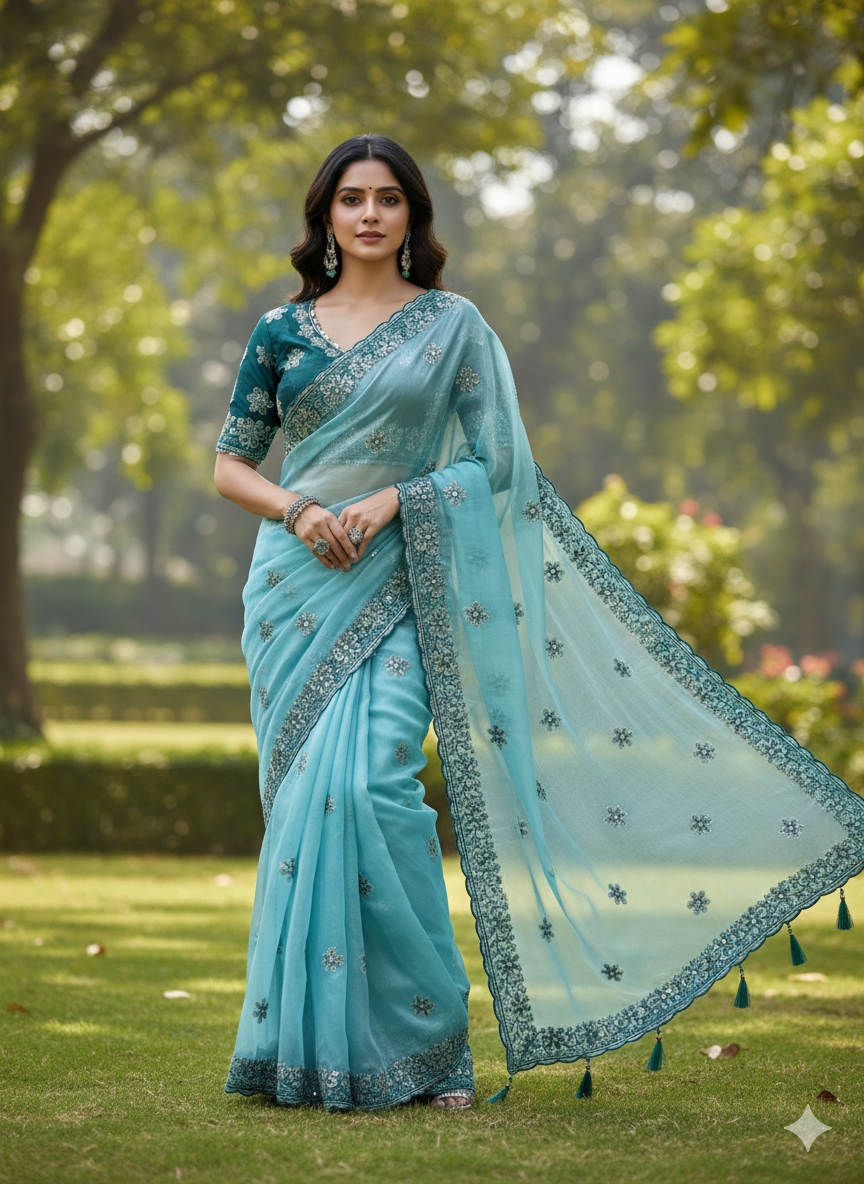 Aqua Blue, Olive Green, Dusty Rose, Pink  Traditional Saree