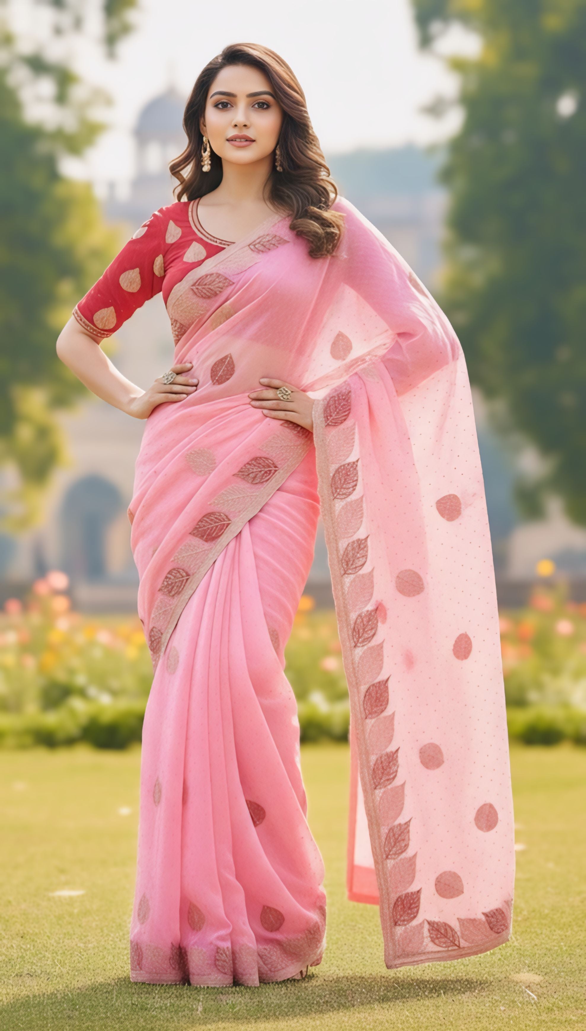 Baby Pink, White, Gold, Sky Blue, Pink Printed Organza Saree With Elegant Floral Motifs